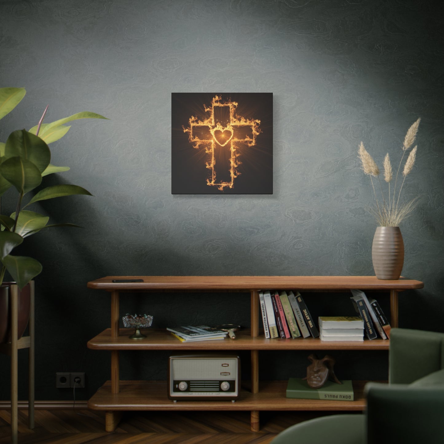 Flaming Heart and Cross Christian Wall Art Canvas