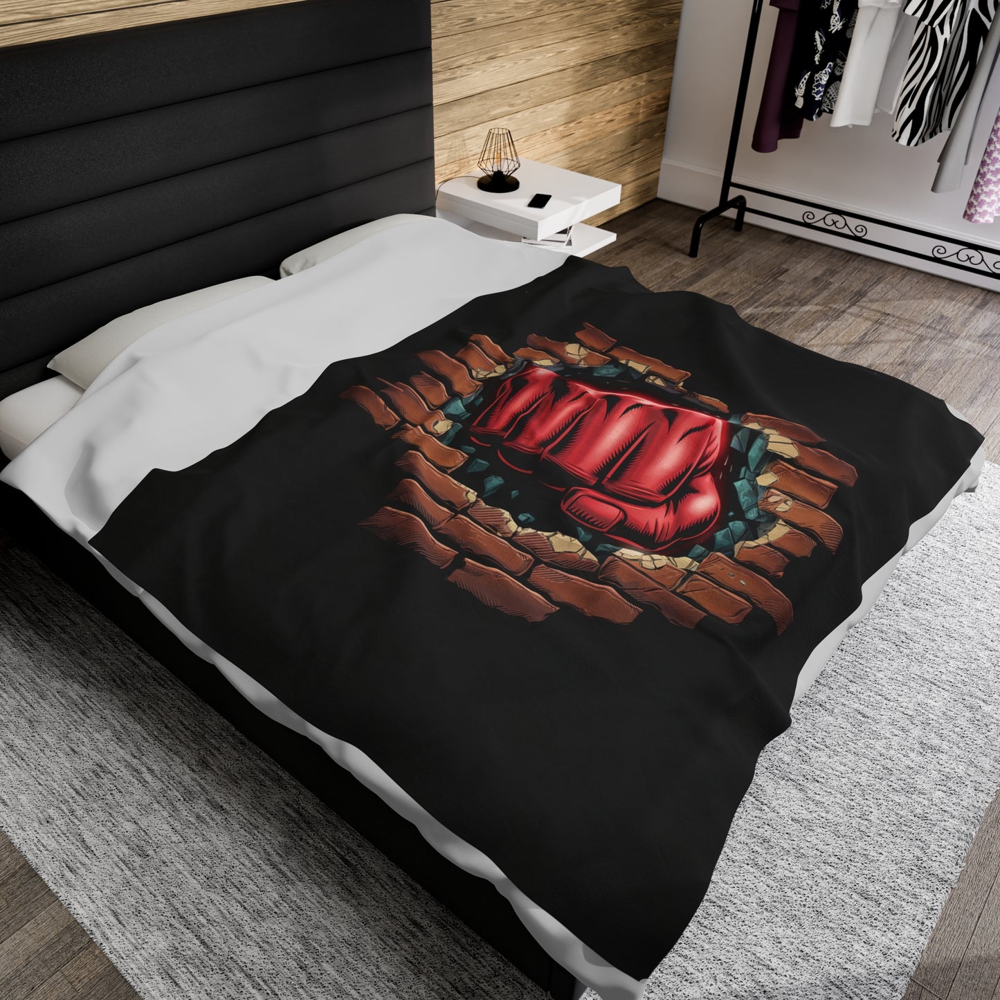 Plush Blanket - Red Fist Smashing Through Brick Wall Design