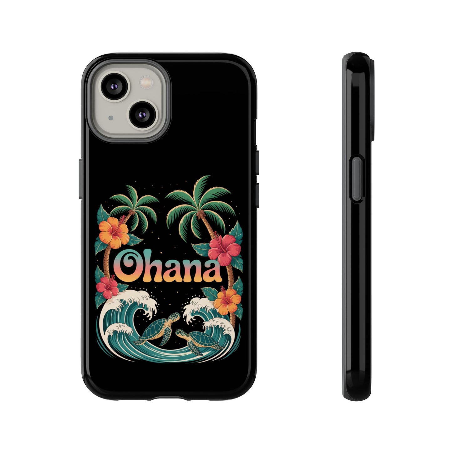 Tropical Ohana iPhone Case - Beach Vibes Cover with Palms, Hibiscus and Turtles - Rugged and Glossy Summer Phone Protector