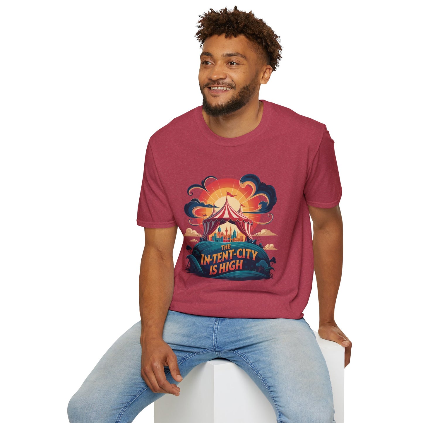 In-Tent-City Is High Retro Camp T-Shirt | Vintage Circus Tent + Cityscape Graphic | Funny Outdoors Urban Adventure Tee | Unisex Camper Shirt