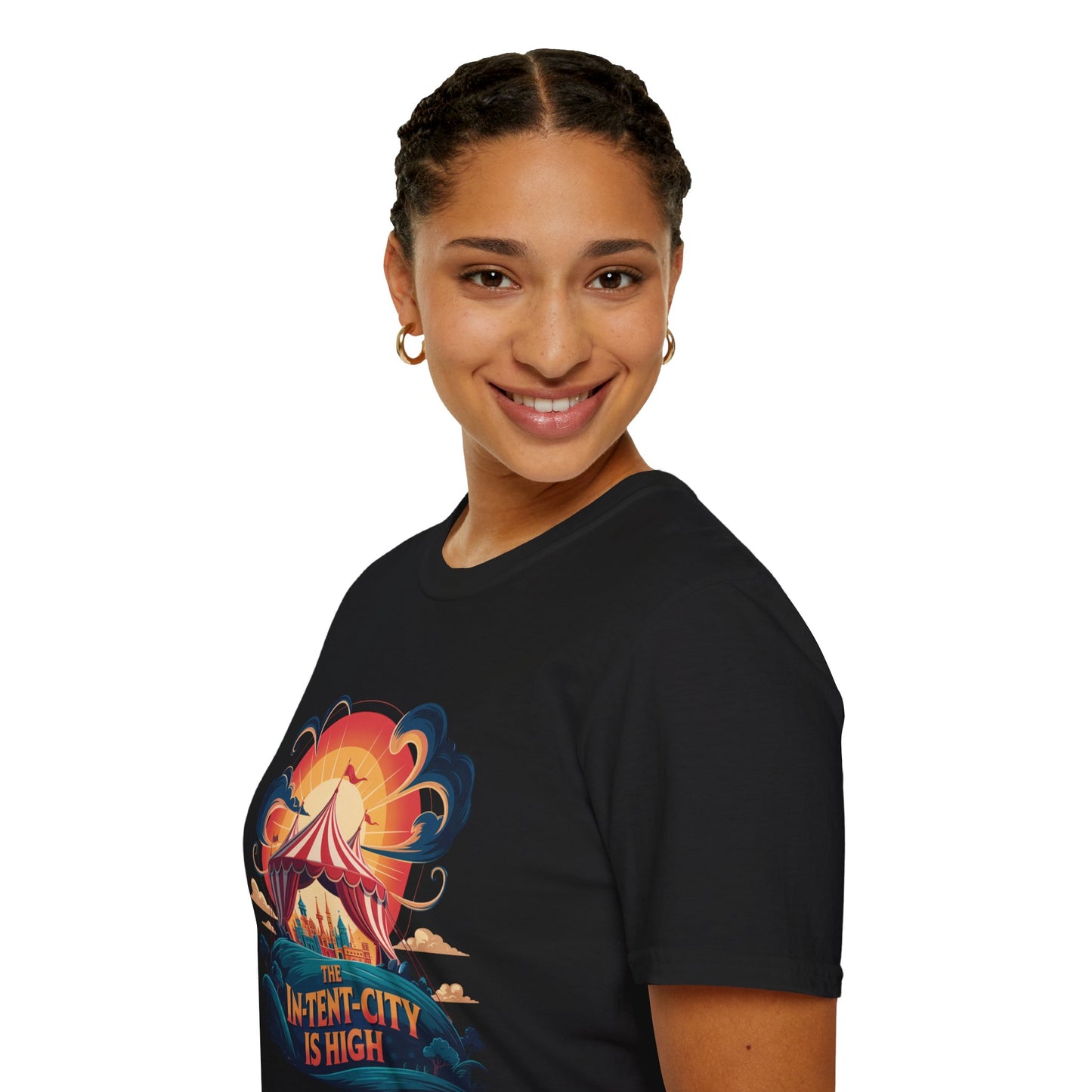 In-Tent-City Is High Retro Camp T-Shirt | Vintage Circus Tent + Cityscape Graphic | Funny Outdoors Urban Adventure Tee | Unisex Camper Shirt