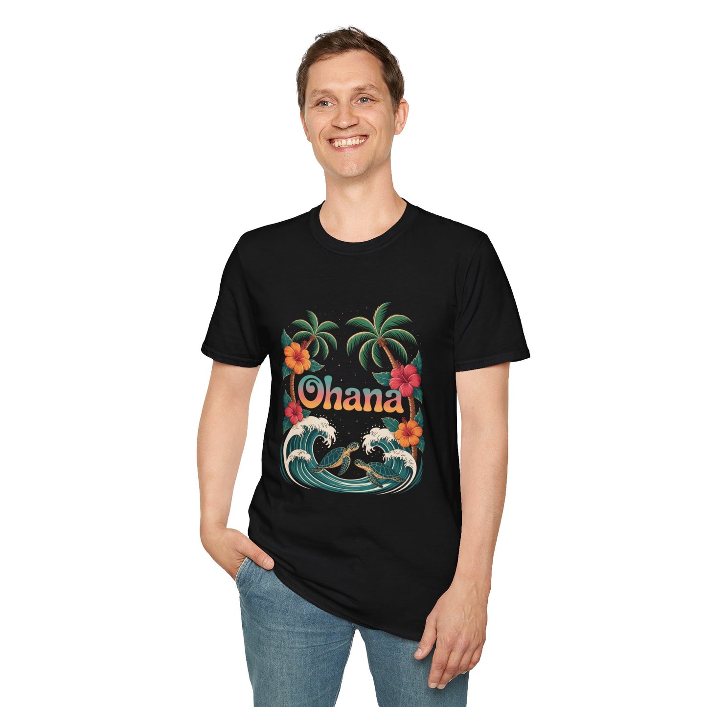 Ohana Shirt - Retro Hawaiian Sea Turtle & Palm Tree Graphic Tee - Tropical Beach Family Gift, Summer Vacation Aesthetic T-Shirt