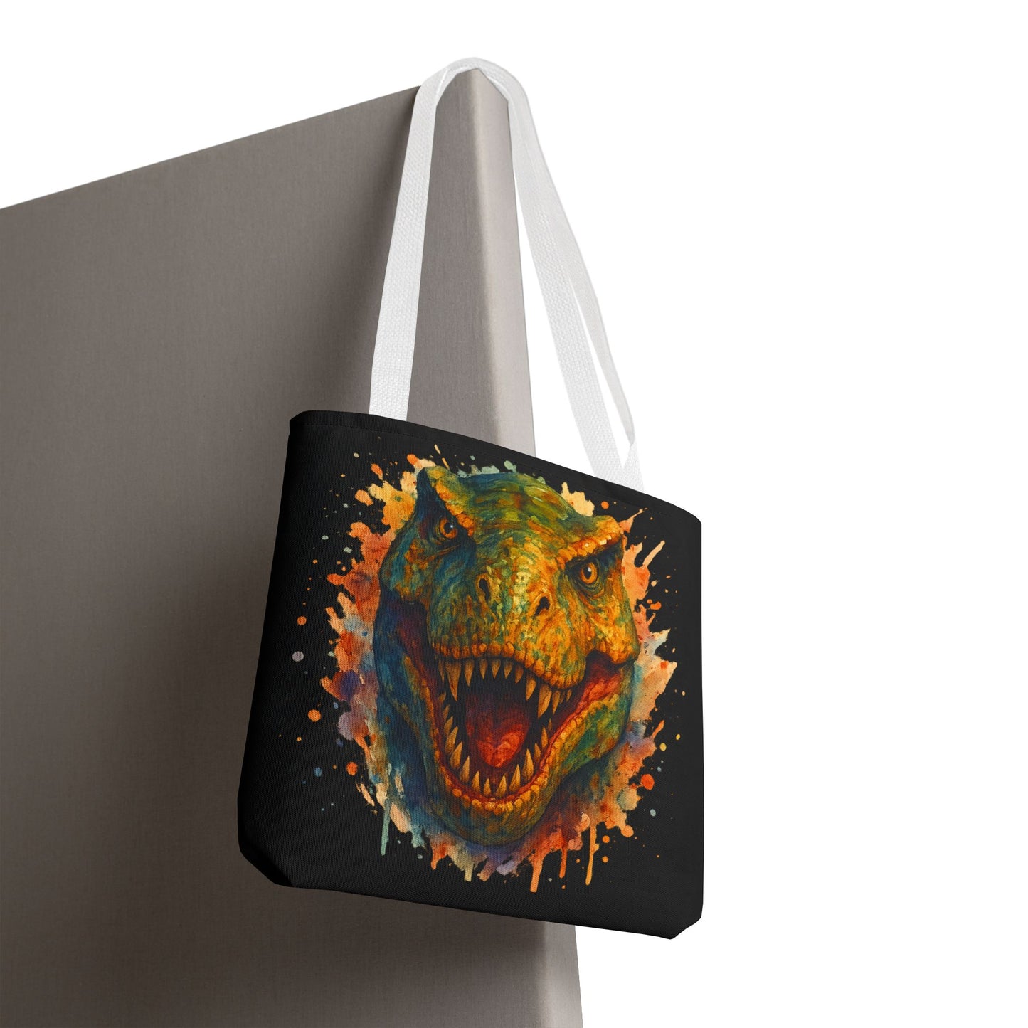 T-Rex Watercolor Tote Bag - 100% Polyester Canvas, Vibrant Dinosaur Art Bag, Reusable Beach-Market Tote, Dino Lover Gift, Bold Style