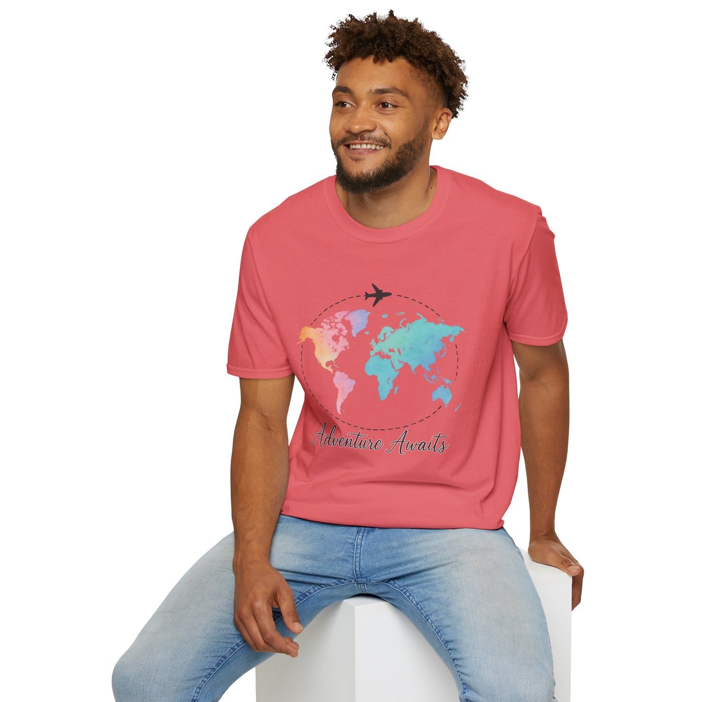 Adventure Awaits Travel Shirt | Watercolor World Map Tee for Women and Men | Wanderlust Gift for Travelers, Hikers, Campers, Beach Lovers