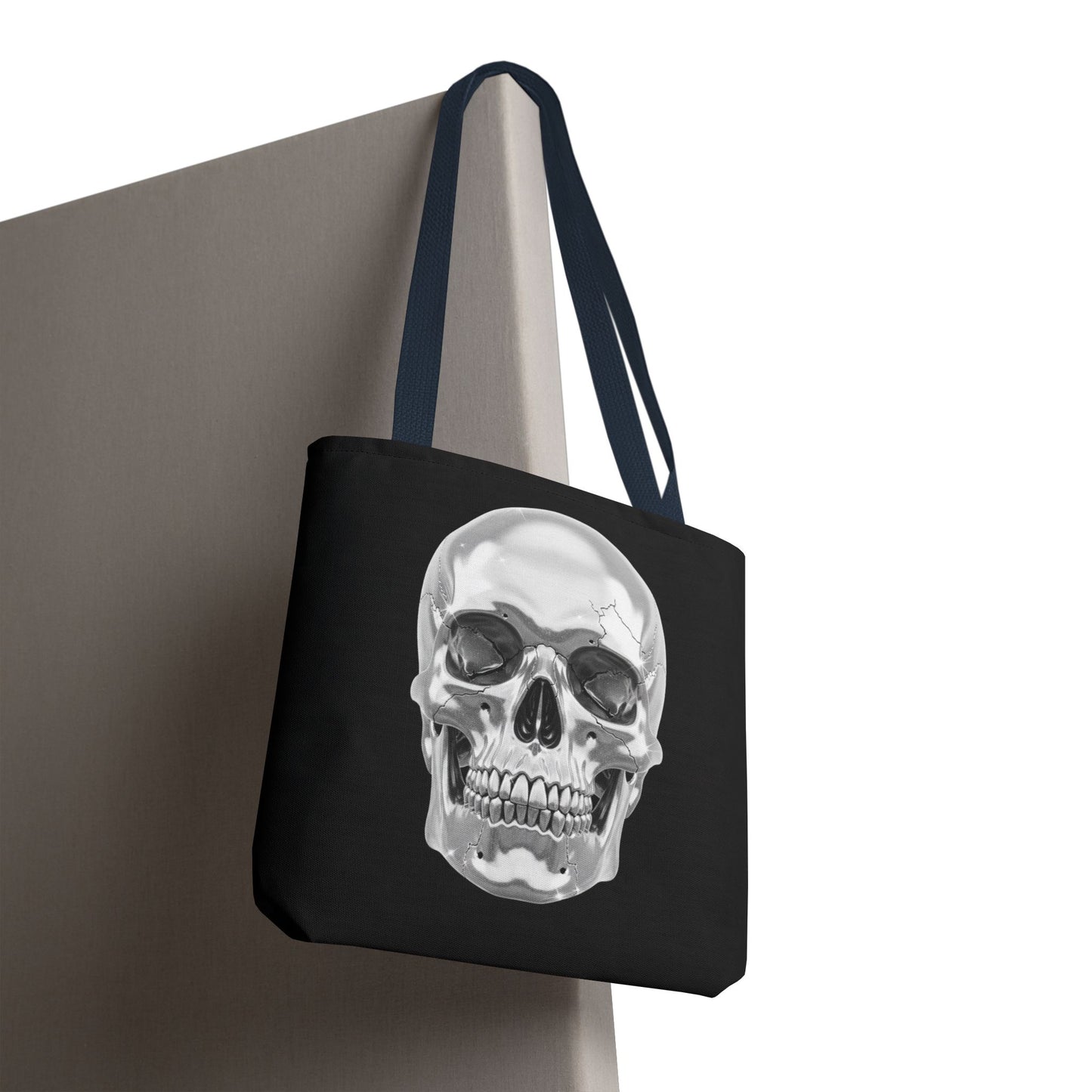 Chrome Skull Tote Bag, Gothic Halloween Canvas Tote, Metallic Skull Design Bag, Spooky Season Accessory, Skull Gift Tote For Horror Fans