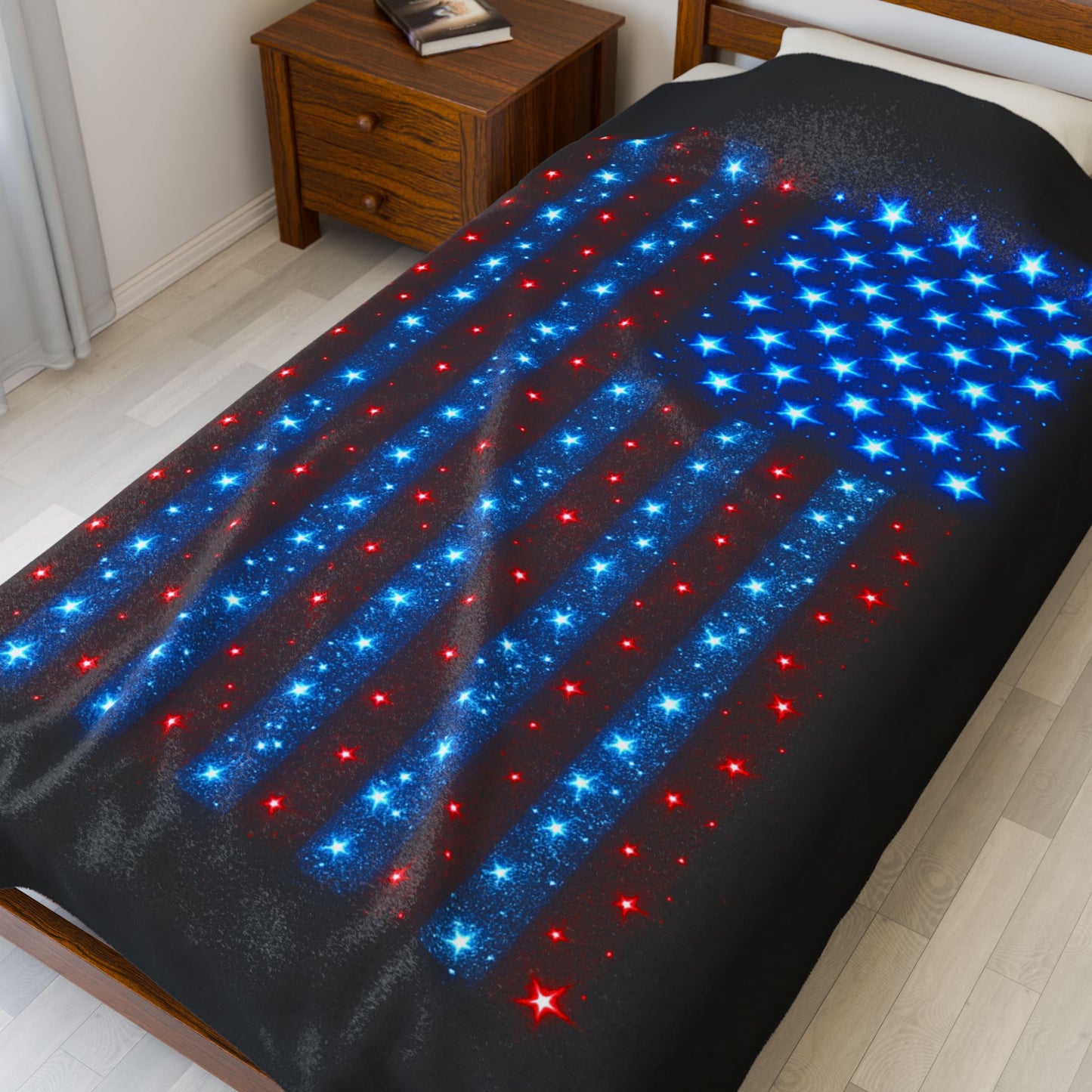 Starry Bioluminescent USA Flag Plush Blanket - Velveteen Patriotic Throw - 4th July Cozy Home Decor - Modern Stars and Stripes Throw
