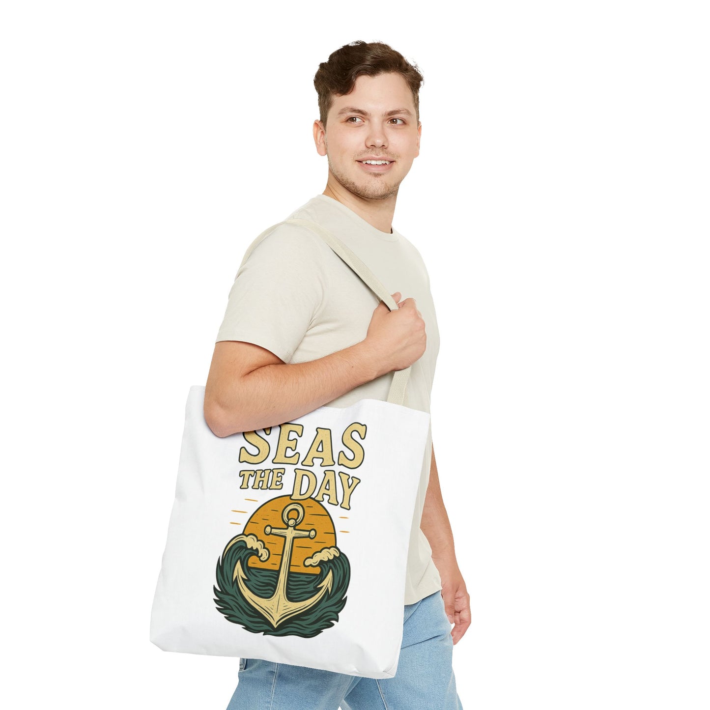 "Seas the Day" Nautical Tote Bag – Funny Beach Quote Canvas Bag with Anchor | Coastal Gift Idea for Summer, Travel, or Daily Use