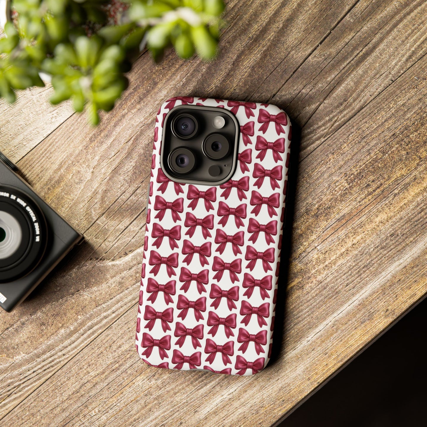 Coquette Bow iPhone Case - Burgundy Ribbon Pattern Phone Cover, Girly Aesthetic Accessory, Cute Gift for Her