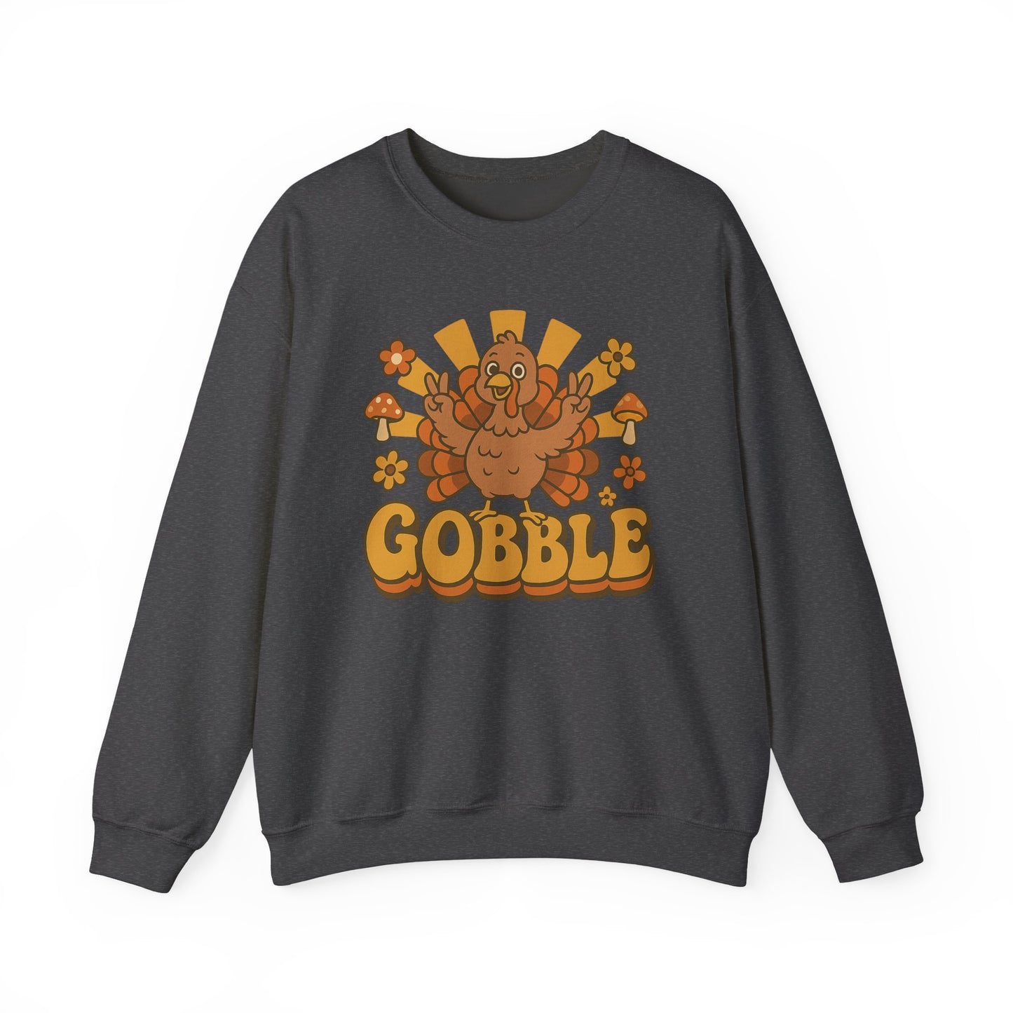 Gobble Turkey Sweatshirt, Retro Fall Turkey Crewneck, Thanksgiving Graphic Pullover, Autumn Mushroom & Flower Design, Cozy Fall Top