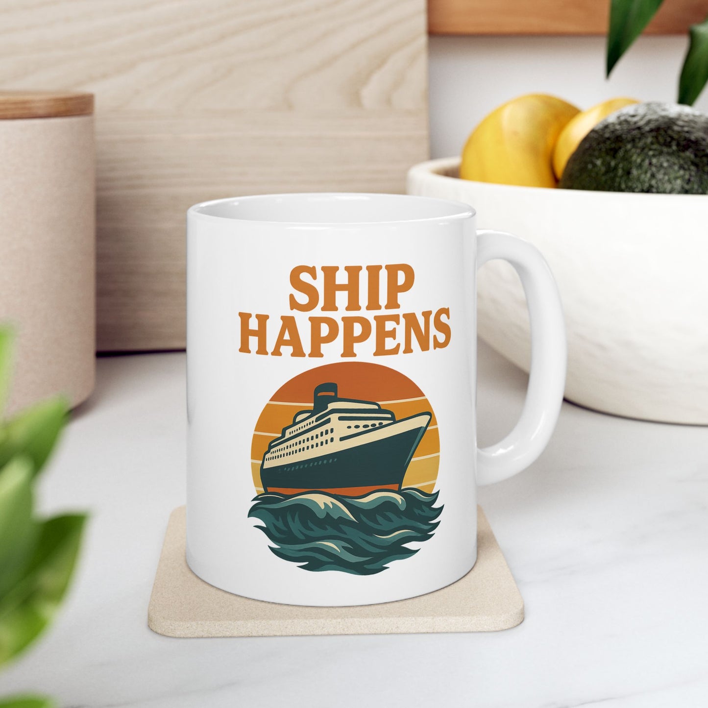 Ceramic Mug - Ship Happens Sunset Design Cruise Cup Cruise Mug Nautical Decor Drinking Accessory for Travel Lovers