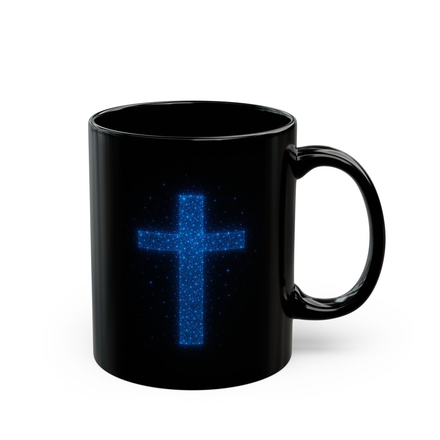 Celestial Cross Mug – Blue Starry Christian Coffee Cup – Faith Based Black Ceramic Mug with Cosmic Cross Design | Religious Gift Idea