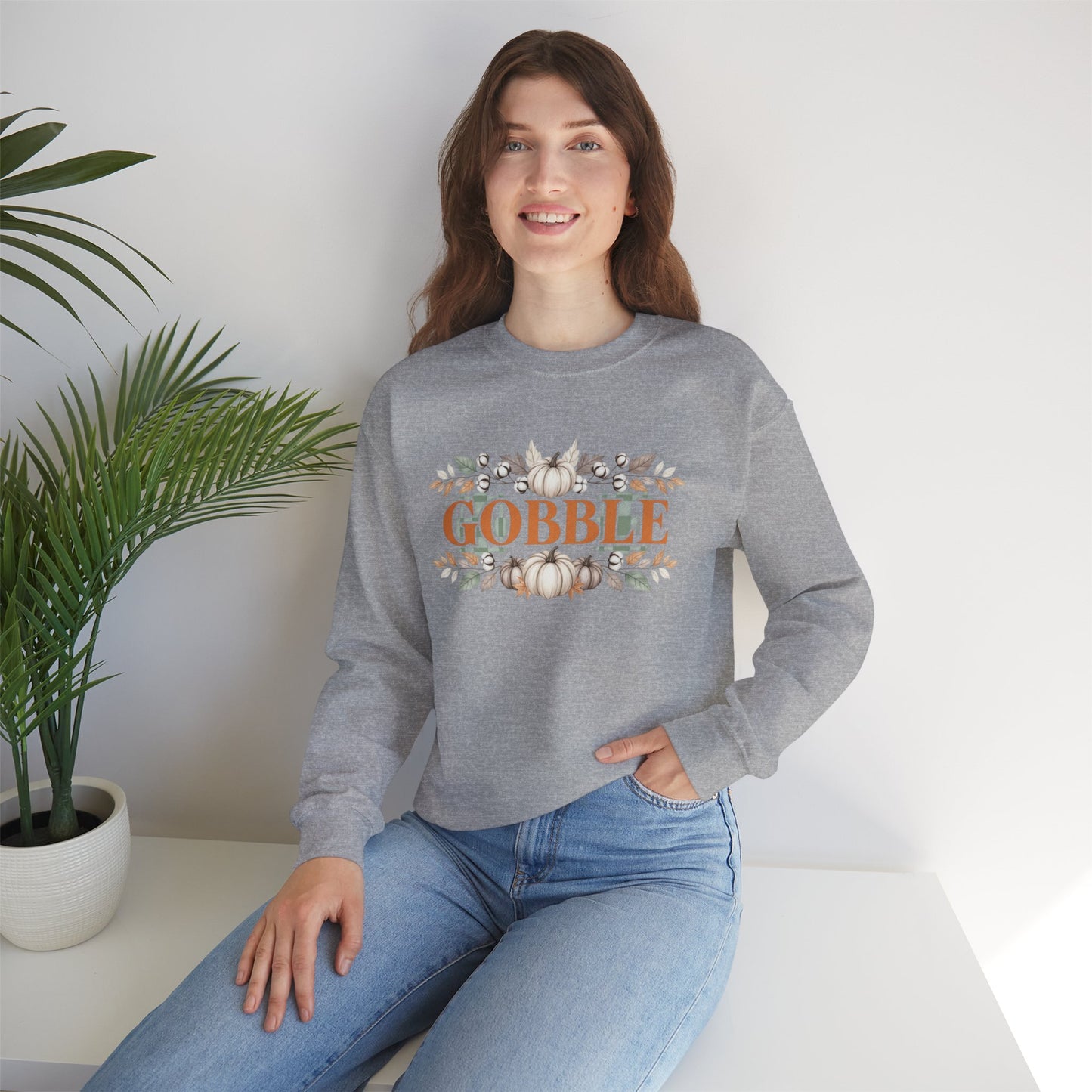 Gobble Thanksgiving Sweatshirt, Neutral Fall Pumpkin Crewneck, Autumn Cotton Stems Leaves Pullover, Cozy Rustic Thanksgiving Top