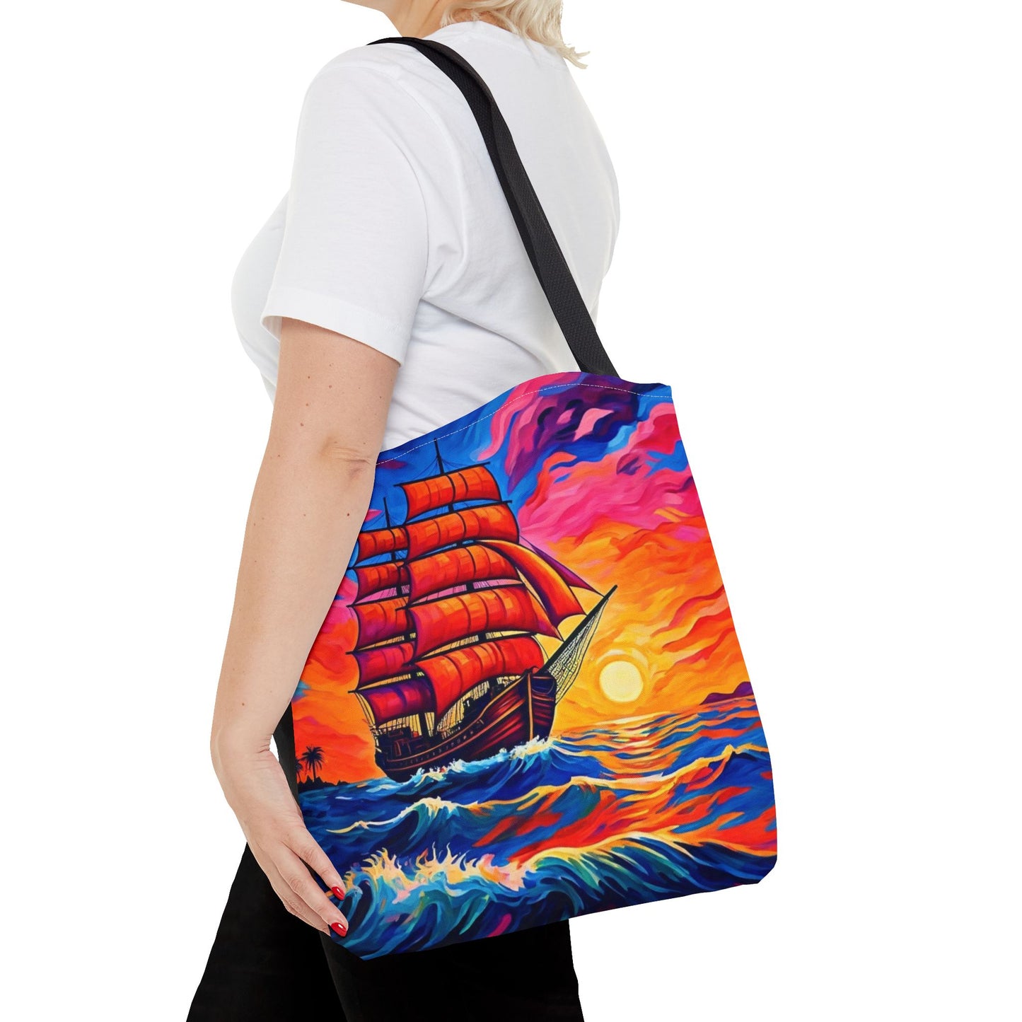 Crimson Voyage Tote Bag, Red Sailboat At Sunset Artistic Ocean Design, Nautical Reusable Tote For Beach, Travel, And Everyday Use
