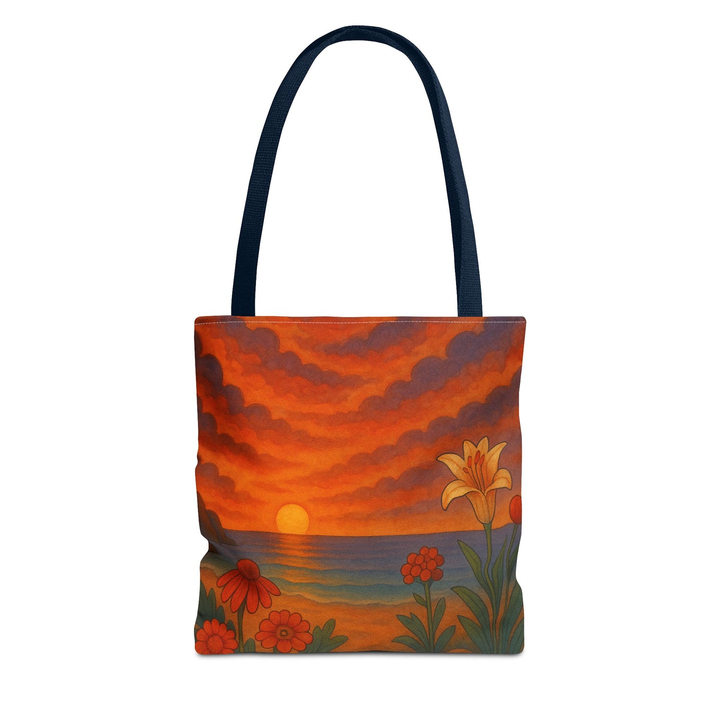 Retro Sunset Tote Bag with Wildflowers – Vibrant Floral Landscape Art, Nature-Inspired Reusable Bag, 70s Style Summer Accessory