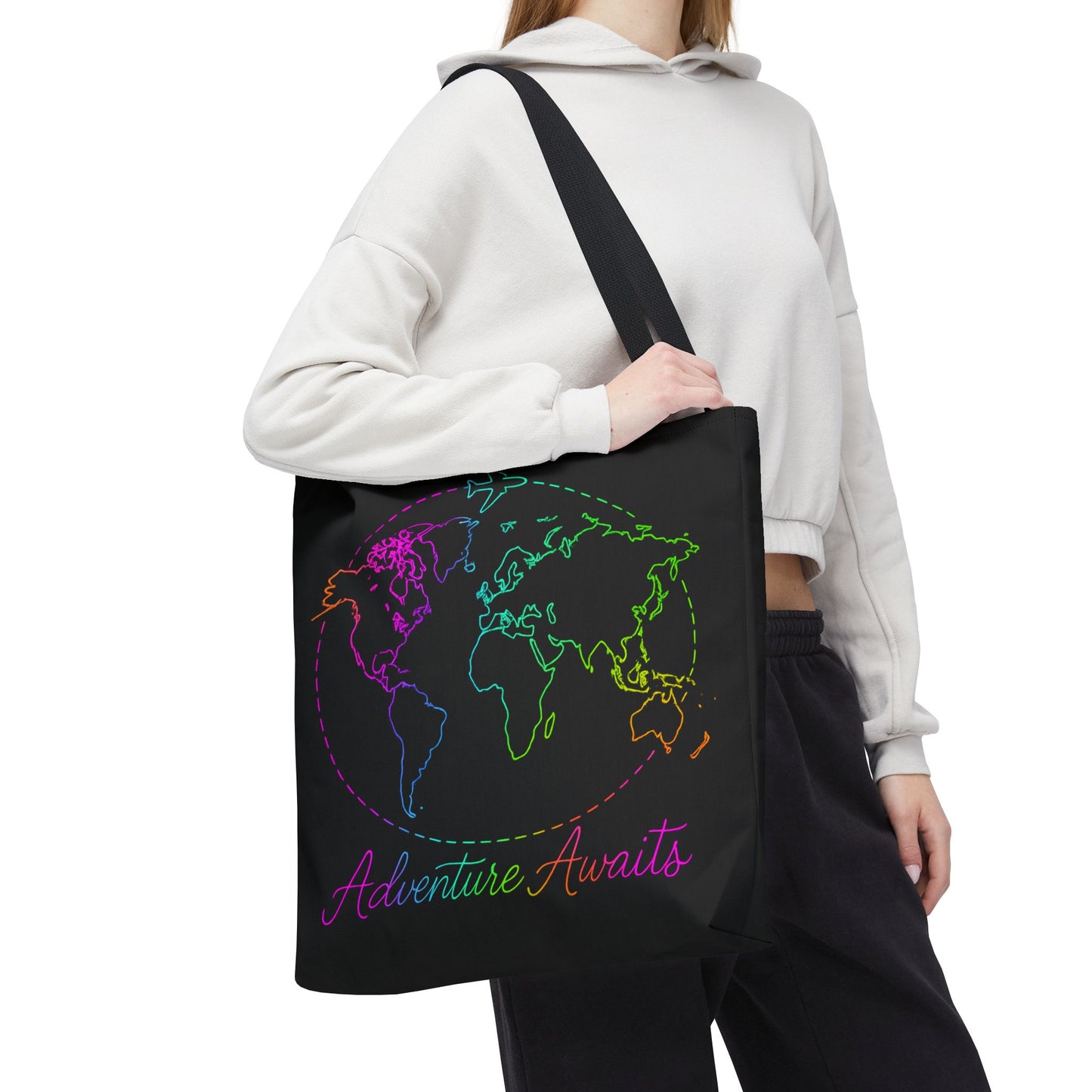 Adventure Awaits Neon Tote Bag - Y2K Rainbow World Map and Plane Travel Tote, Reusable Canvas Tote for Airport, Beach, Market + Gift