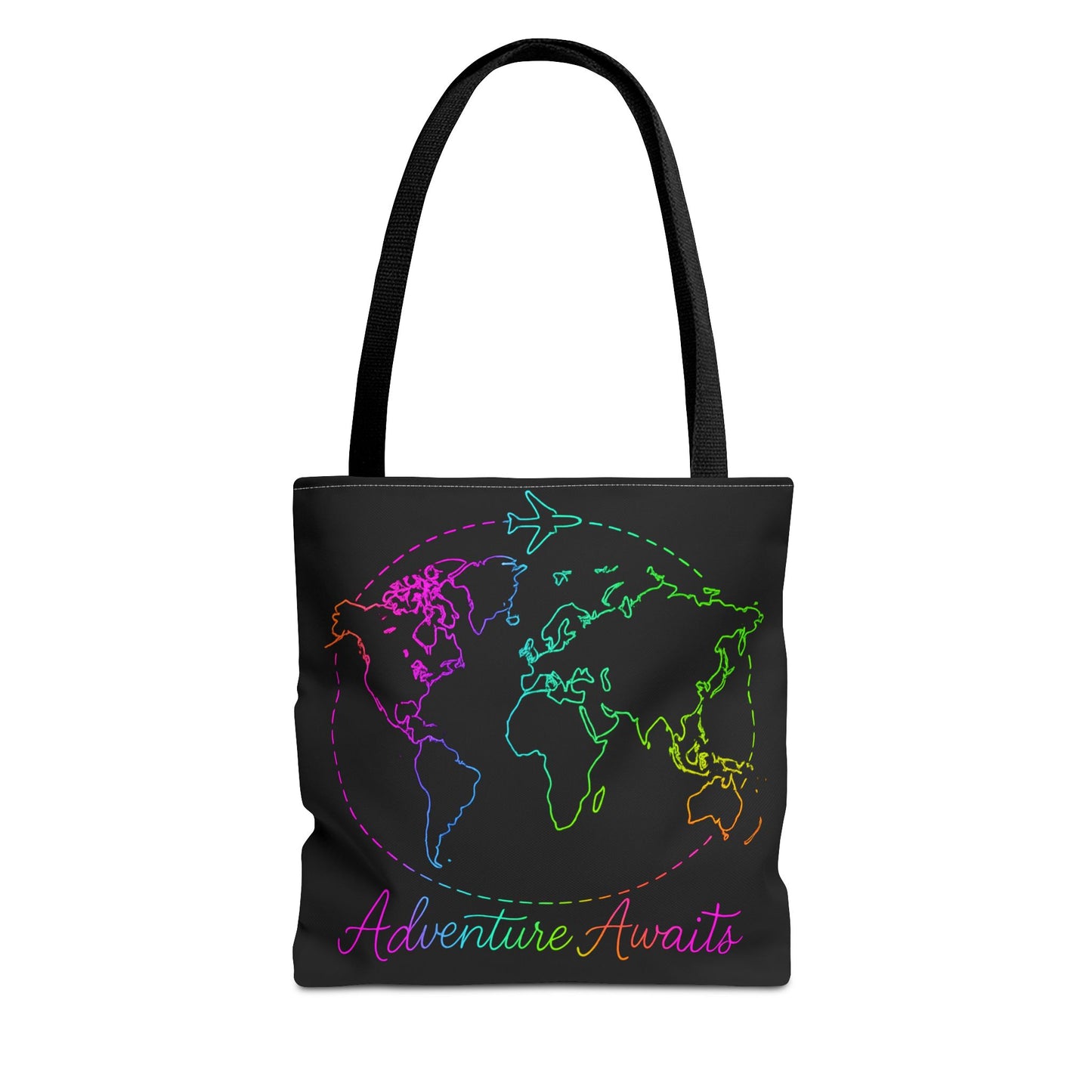 Adventure Awaits Neon Tote Bag - Y2K Rainbow World Map and Plane Travel Tote, Reusable Canvas Tote for Airport, Beach, Market + Gift