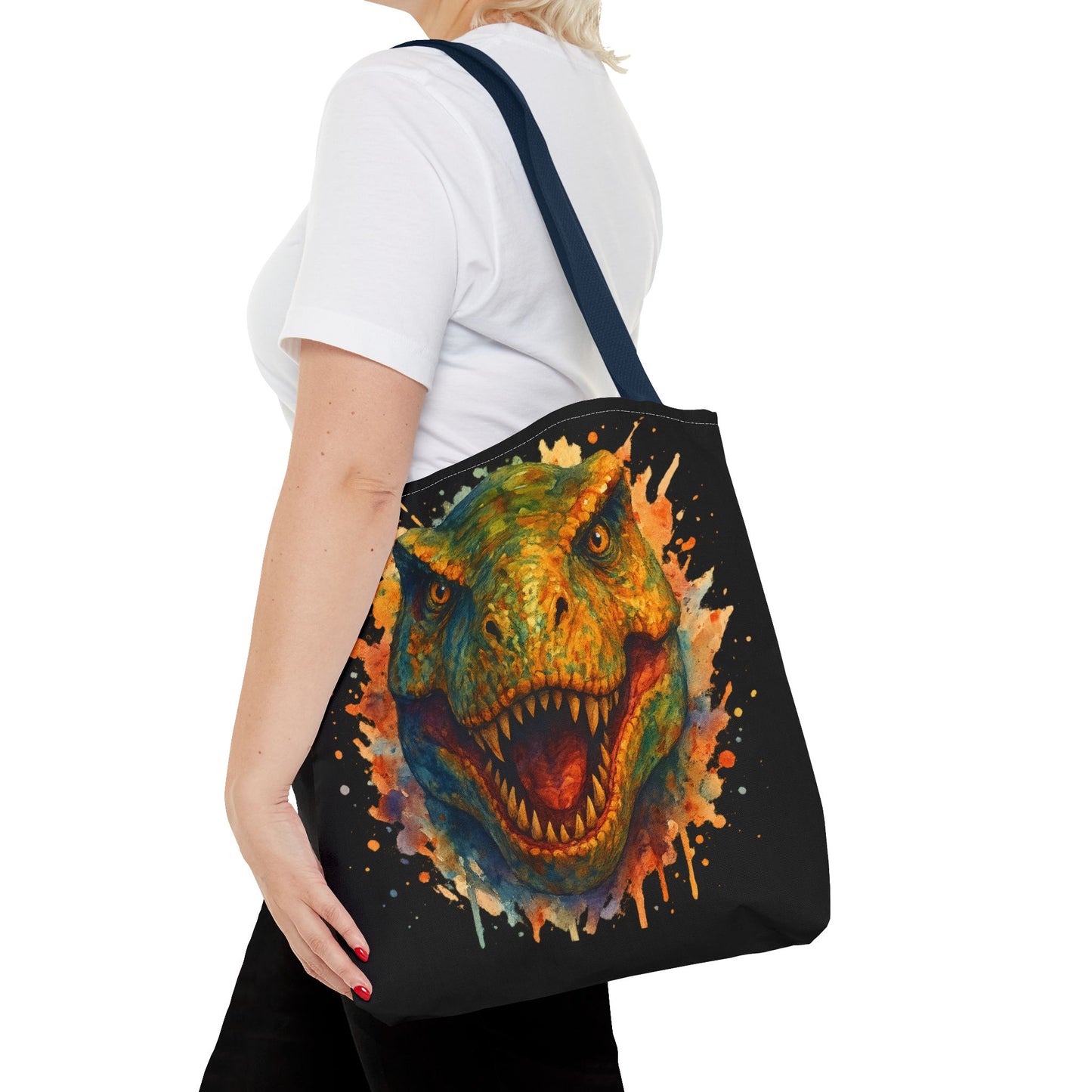 T-Rex Watercolor Tote Bag - 100% Polyester Canvas, Vibrant Dinosaur Art Bag, Reusable Beach-Market Tote, Dino Lover Gift, Bold Style
