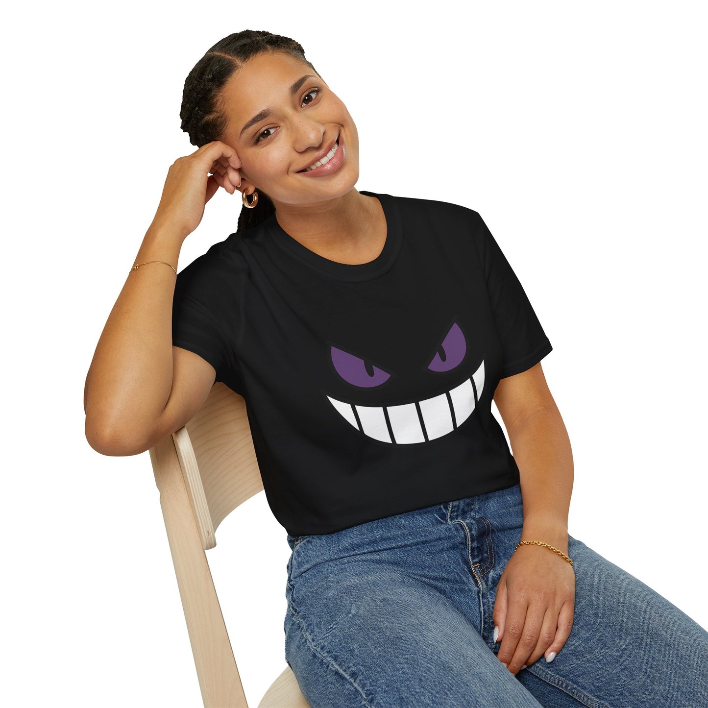 Mischievous Shadow Face Tee - Purple Eyes and Big Grin Graphic Shirt | Spooky Cute Gift, Retro Gaming Vibe, Funny Halloween Unisex Top