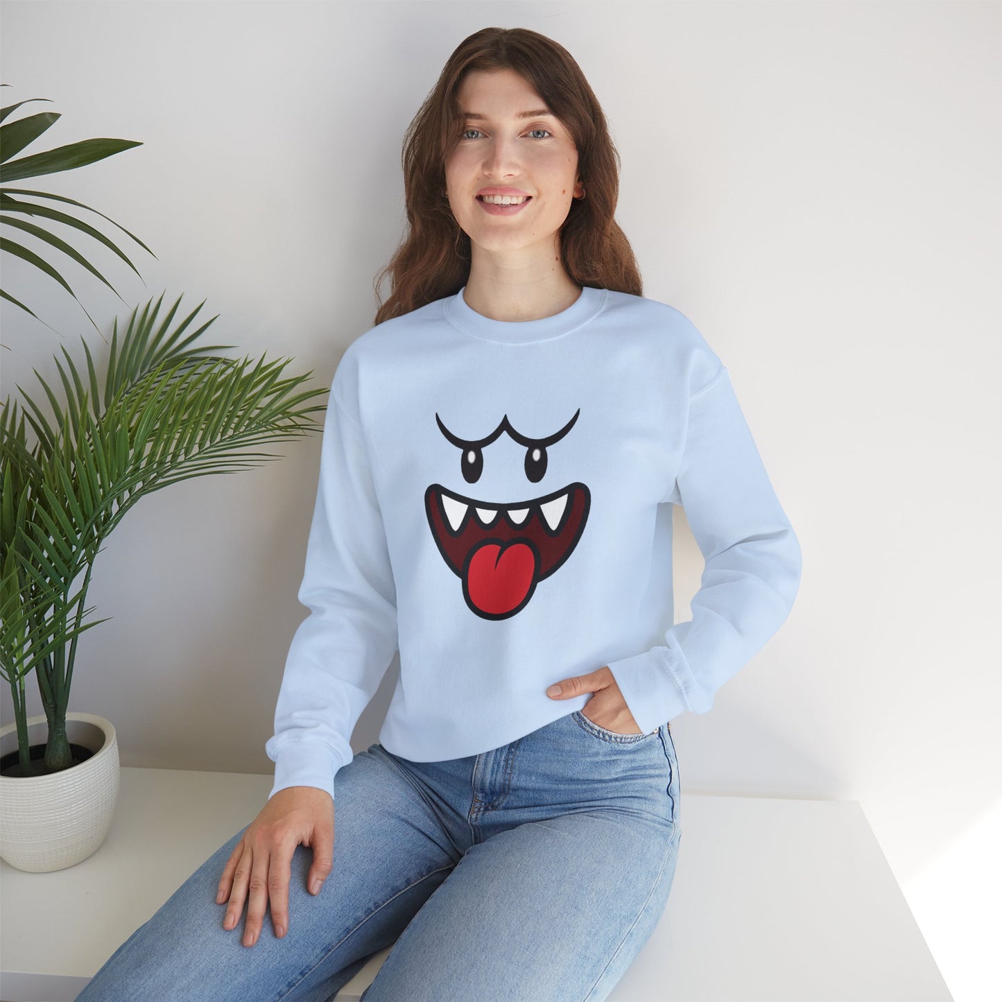 Spooky Grin Sweatshirt, Cartoon Ghost Face Crewneck, Halloween Grinning Ghost Sweatshirt, Cute Monster Smile Pullover, Spooky Season Graphic Sweat