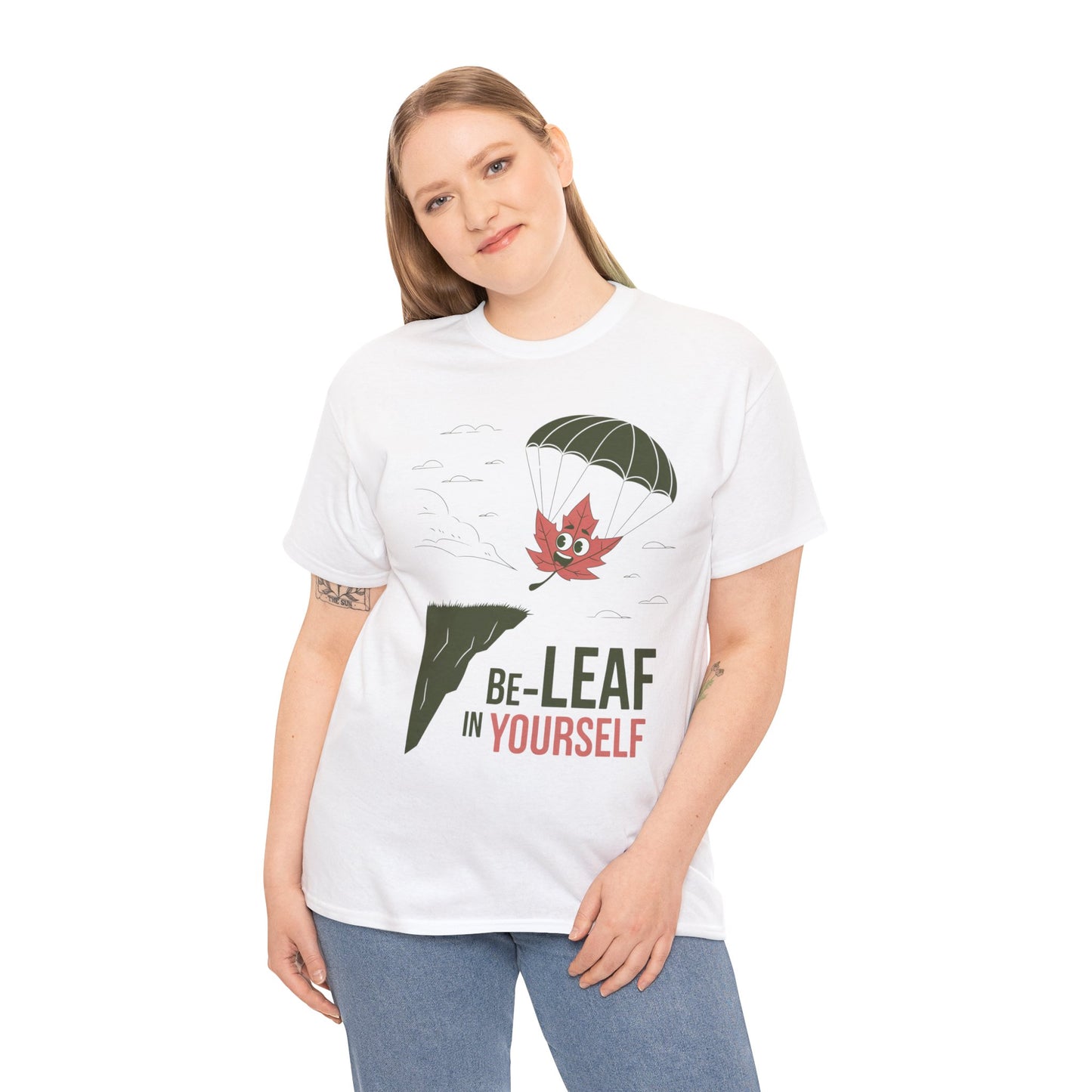 Be-Leaf In Yourself Maple Leaf Parachute T-Shirt | Funny Motivational Nature Graphic Tee | Self-Love Fall Autumn Shirt | Outdoorsy Gift