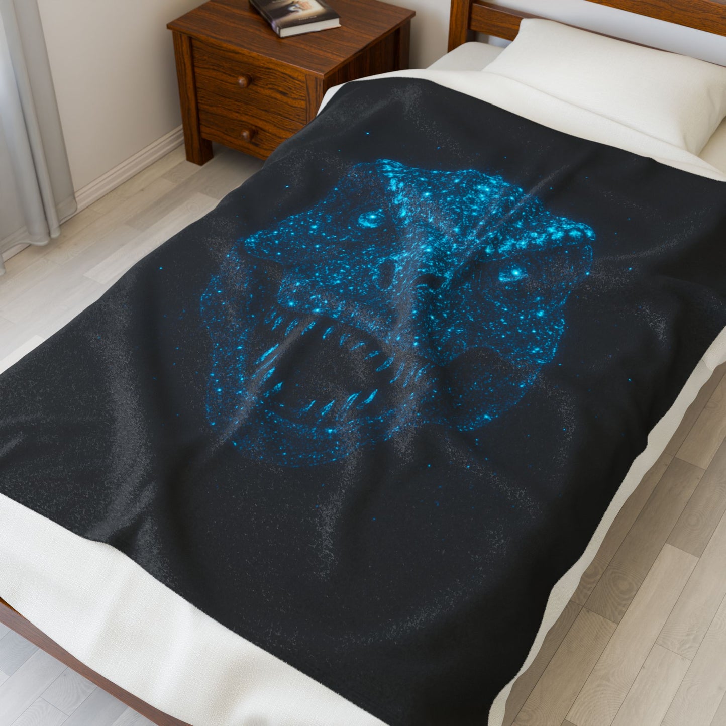 Bioluminescent-Style T-Rex Blanket - Neon Blue Dinosaur Throw for Kids, Teens and Gamers - Soft Cozy Dino Bedding, Unique Jurassic Gift
