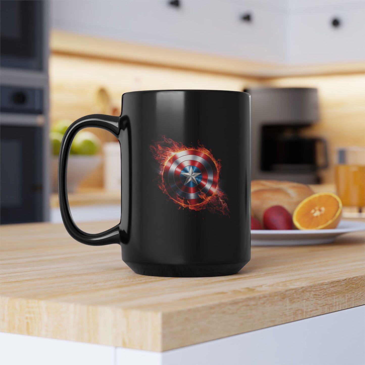 Flaming Shield Emblem Mug - Fiery Red White Blue Star Coffee Cup, Metal-Inspired Symbol Design, Bold Hero Vibes Gift for Fans and Coffee Lovers