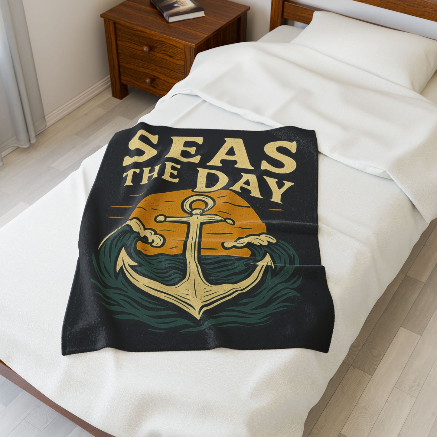 Seas the Day Blanket – Nautical Anchor Throw, Coastal Fleece Blanket, Ocean Sunset Gift