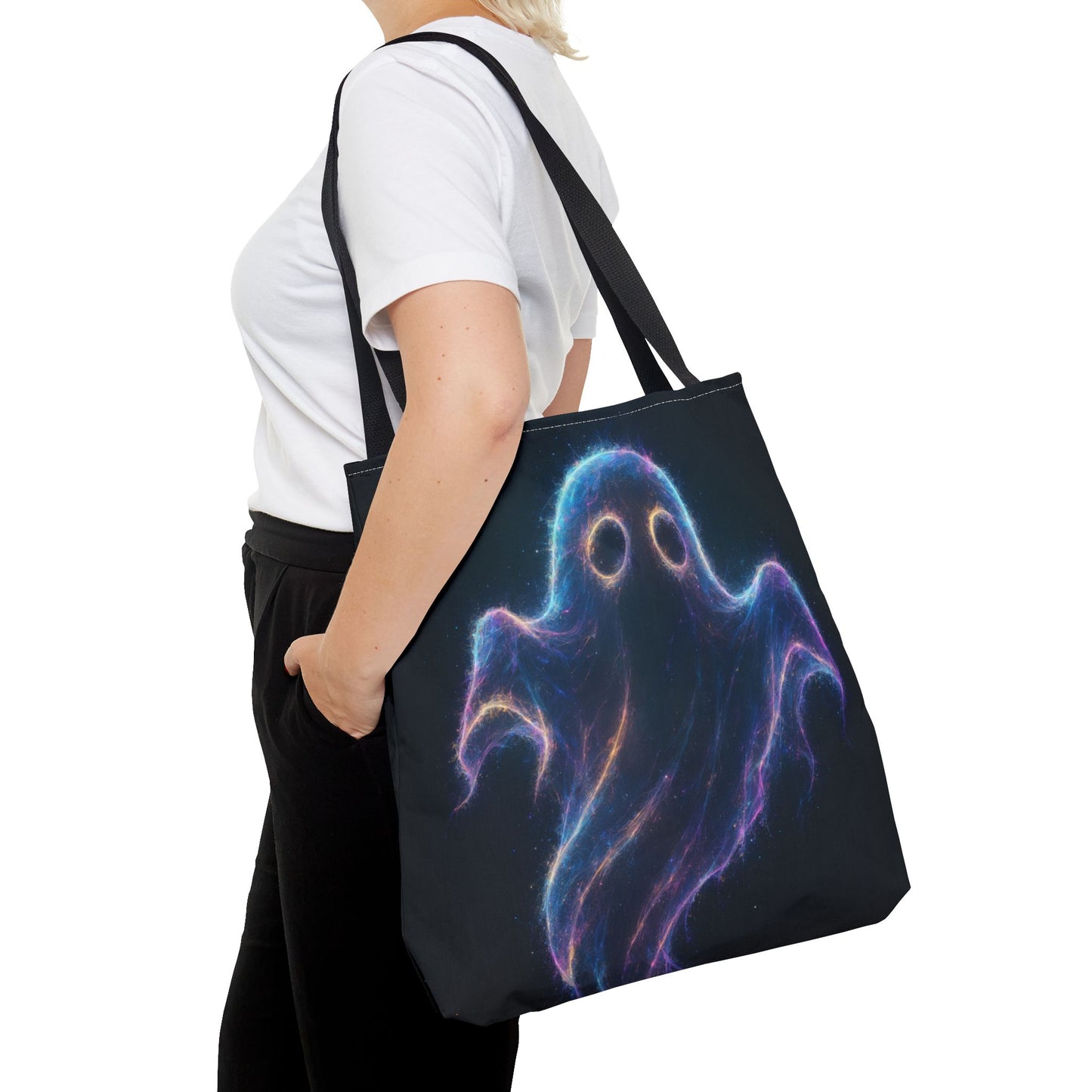 Neon Ghost Tote Bag, Spooky Halloween Canvas Tote, Glowing Cosmic Ghost Design Bag, Reusable Trick Or Treat Tote, Gothic Gift Accessory