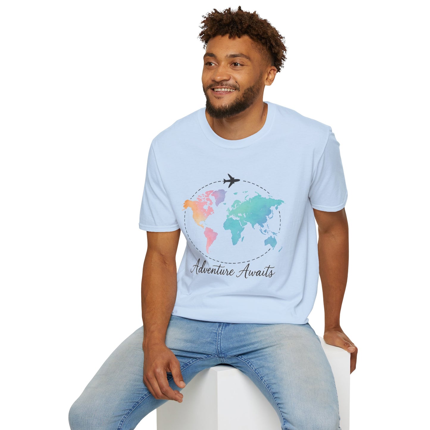 Adventure Awaits Travel Shirt | Watercolor World Map Tee for Women and Men | Wanderlust Gift for Travelers, Hikers, Campers, Beach Lovers