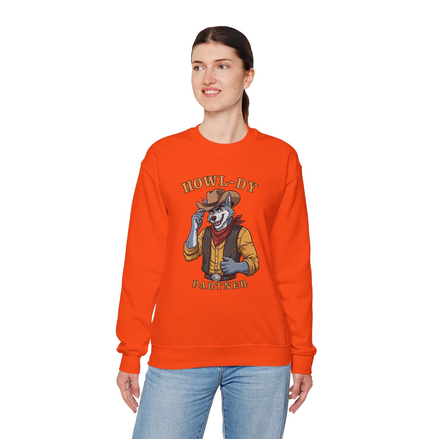 Howl-dy Partner Wolf Sweatshirt, Cowboy Werewolf Halloween Crewneck, Western Spooky Graphic Pullover for Animal Lover Gift Sweatshirt