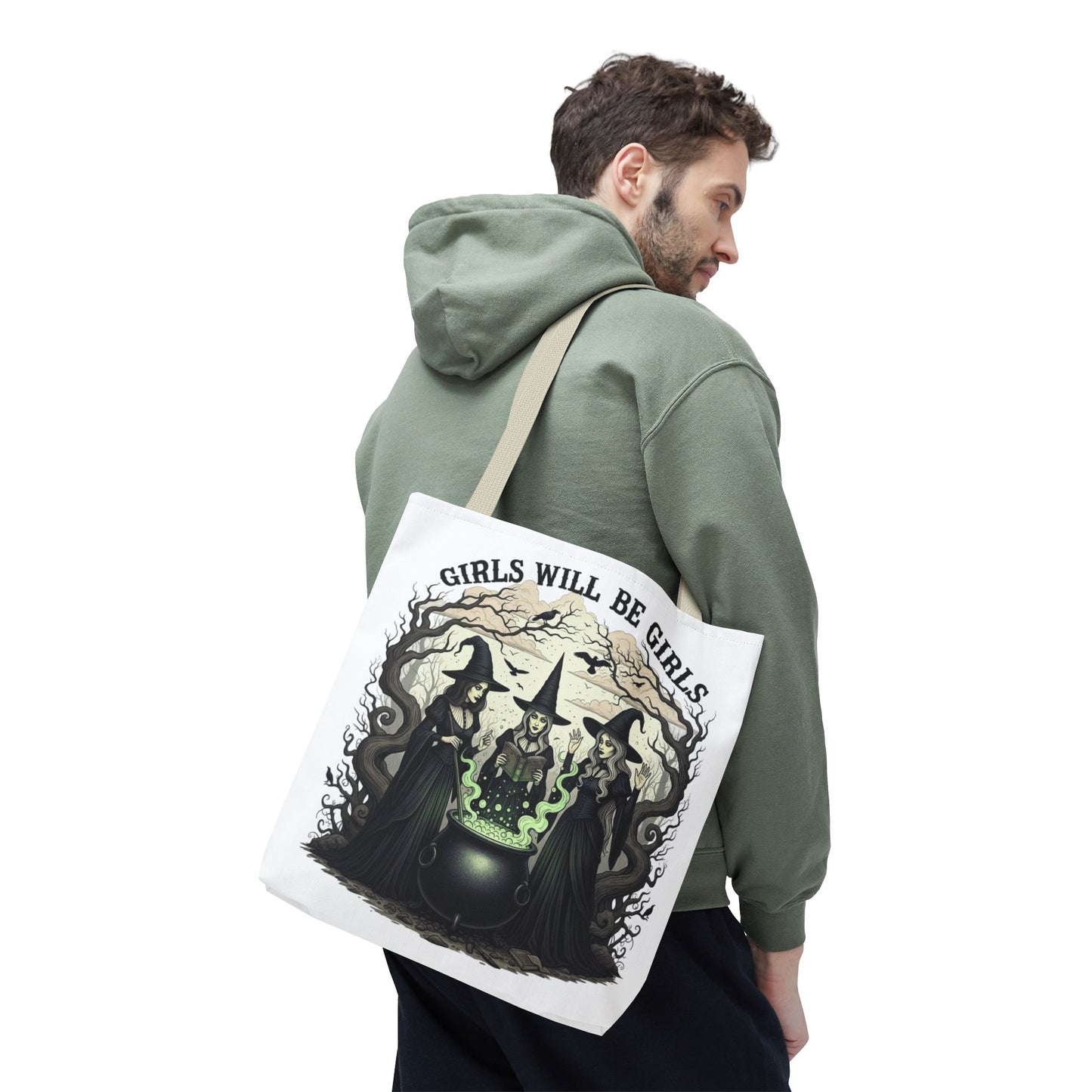 Girls Will Be Girls Halloween Tote Bag, Witchy Aesthetic Bag, Gothic Witches Cauldron Art, Spooky Gift, Reusable Eco Tote For Halloween Lovers