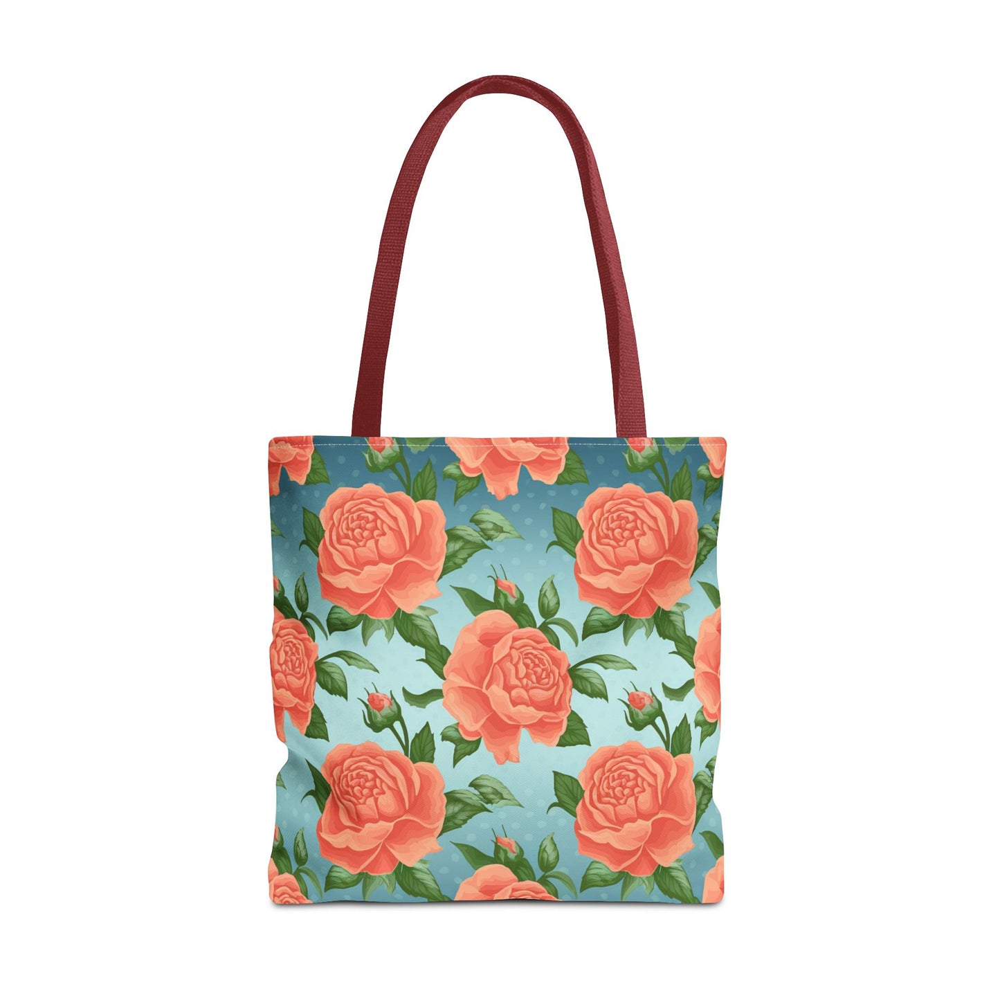 Vintage Floral Tote Bag – Coral Rose Pattern on Blue Background – Aesthetic Everyday Carry Bag – Reusable Fabric Market Tote Gift
