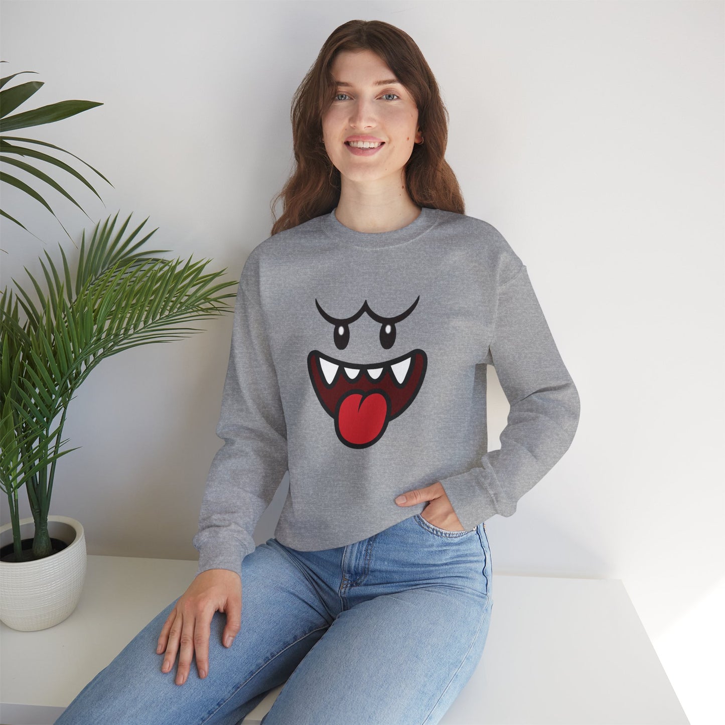Spooky Grin Sweatshirt, Cartoon Ghost Face Crewneck, Halloween Grinning Ghost Sweatshirt, Cute Monster Smile Pullover, Spooky Season Graphic Sweat