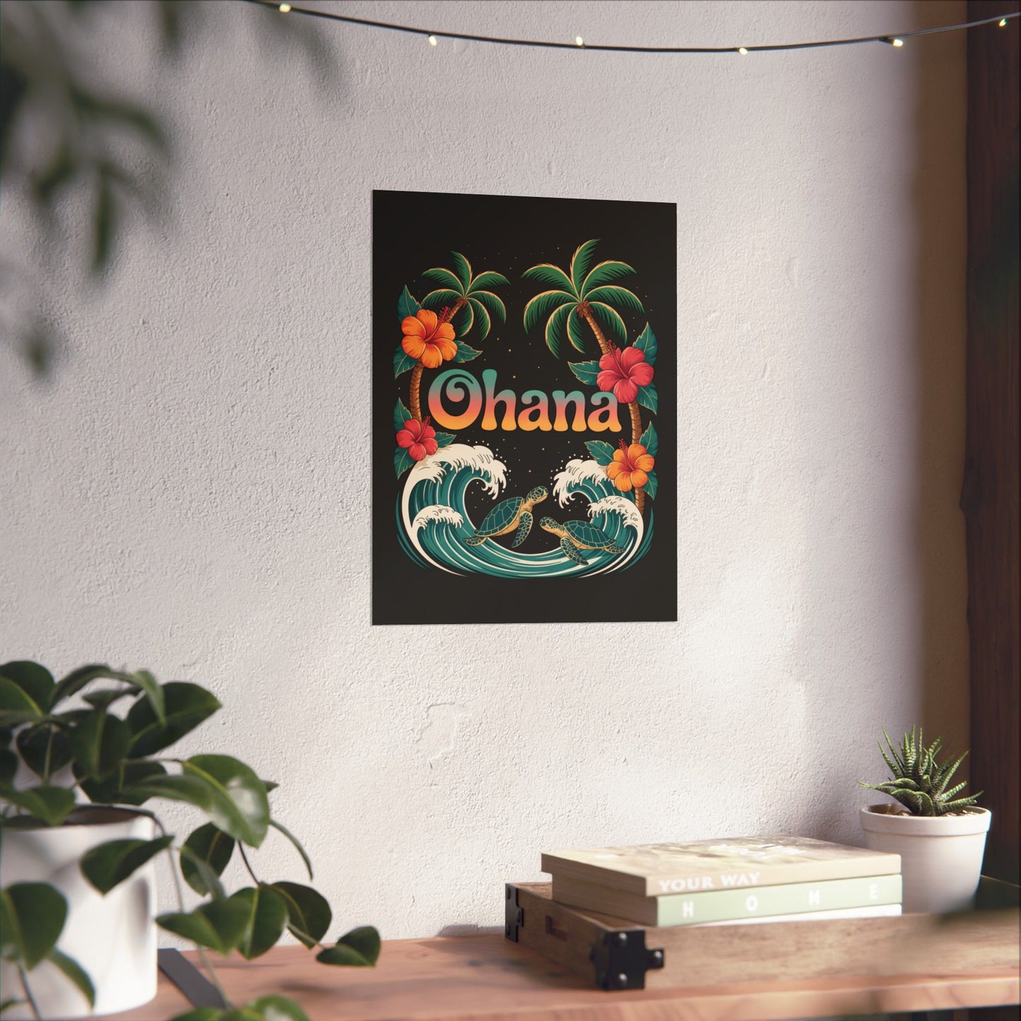 Ohana Hawaiian Wall Art - Tropical Beach Poster with Sea Turtles, Palm Trees & Hibiscus - Island Family Decor for Home or Office