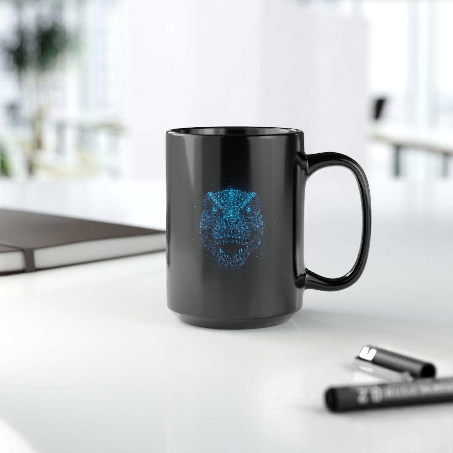 Galaxy Dinosaur Coffee Mug • Neon Blue T-Rex Cup • Cosmic Dinosaur Art Mug • Sci-Fi Dino Gift • Black Ceramic Coffee Mug 11oz 15oz