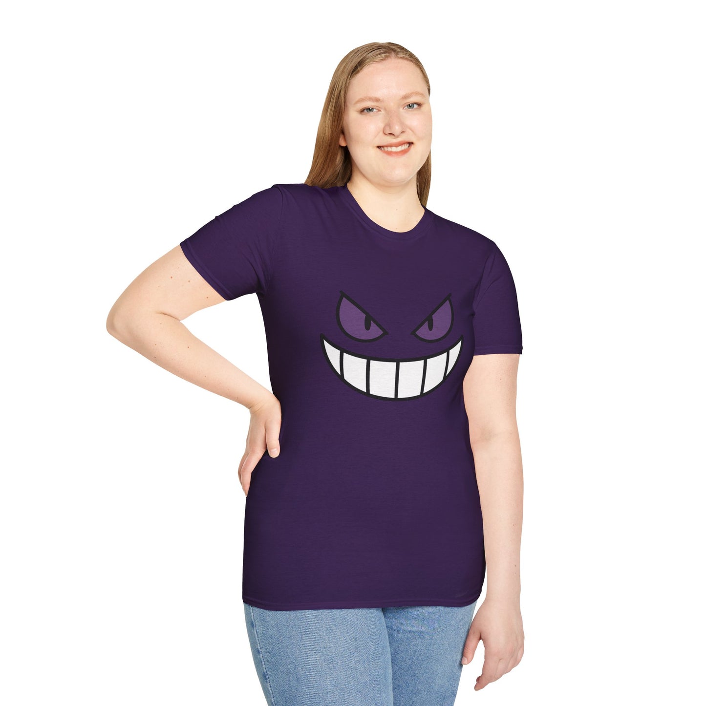 Mischievous Shadow Face Tee - Purple Eyes and Big Grin Graphic Shirt | Spooky Cute Gift, Retro Gaming Vibe, Funny Halloween Unisex Top