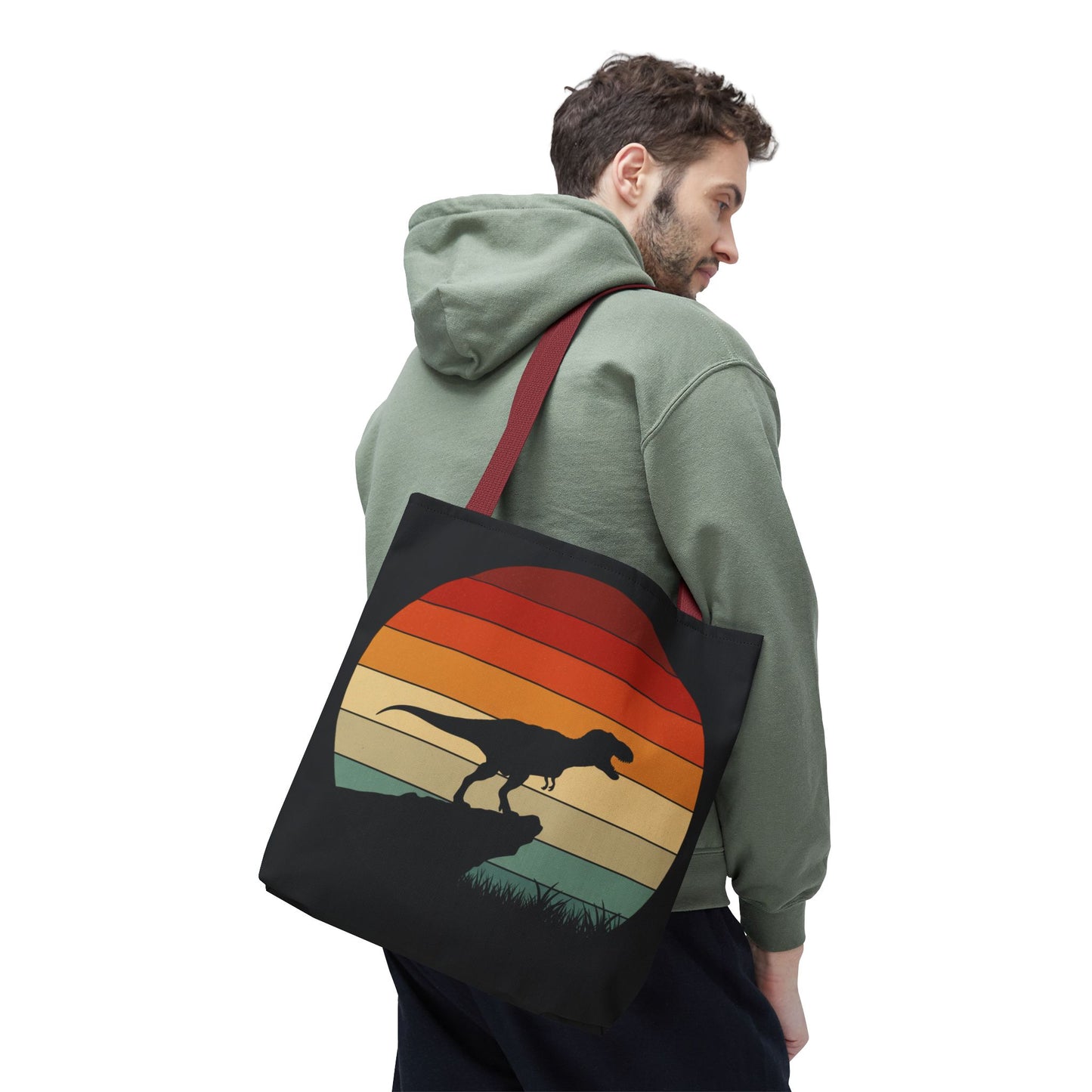 Retro Dinosaur Sunset Tote Bag | AOP Canvas Shopper - Eco Beach Bag for Dino Lovers and Kids, All-Over Print Summer Travel Gift