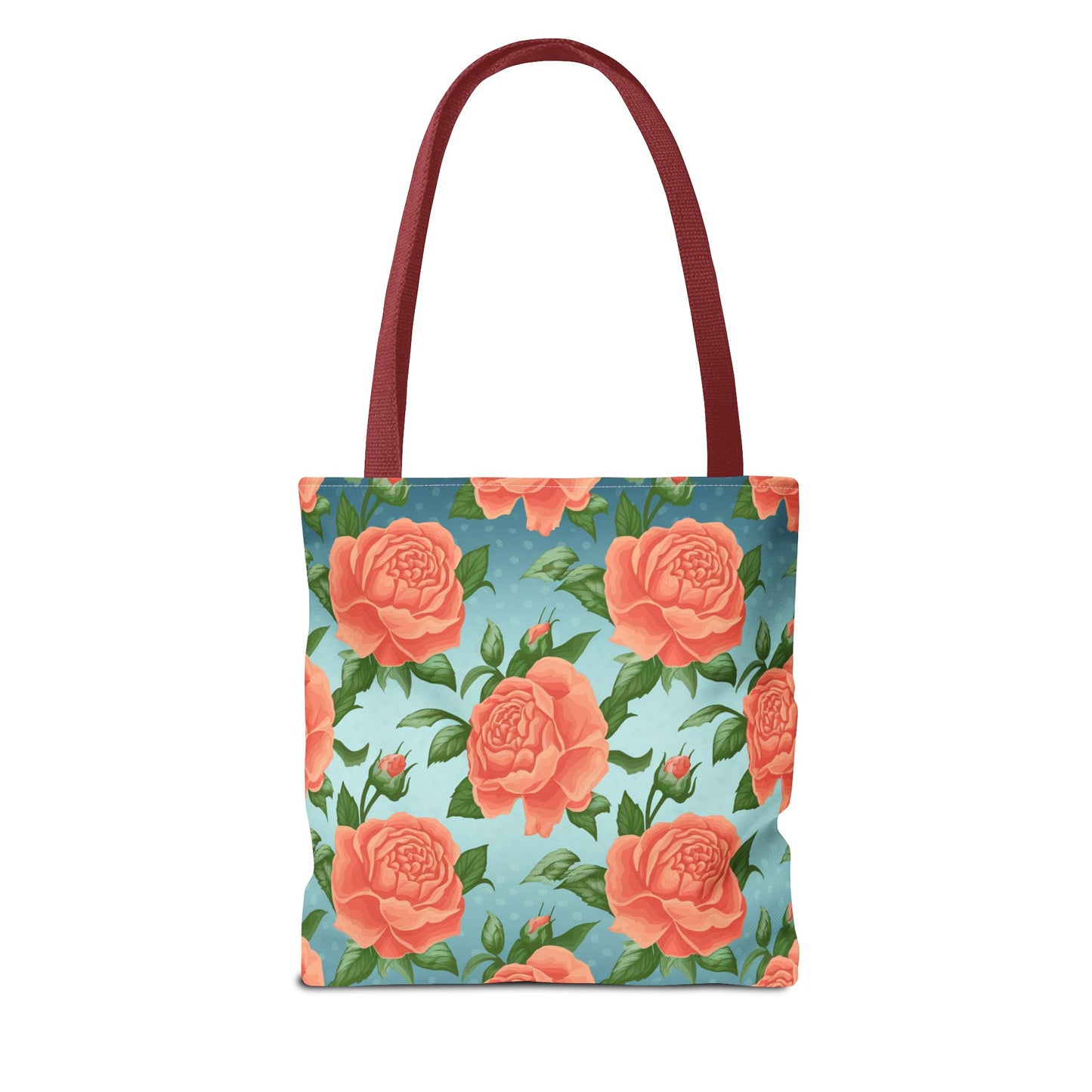 Vintage Floral Tote Bag – Coral Rose Pattern on Blue Background – Aesthetic Everyday Carry Bag – Reusable Fabric Market Tote Gift
