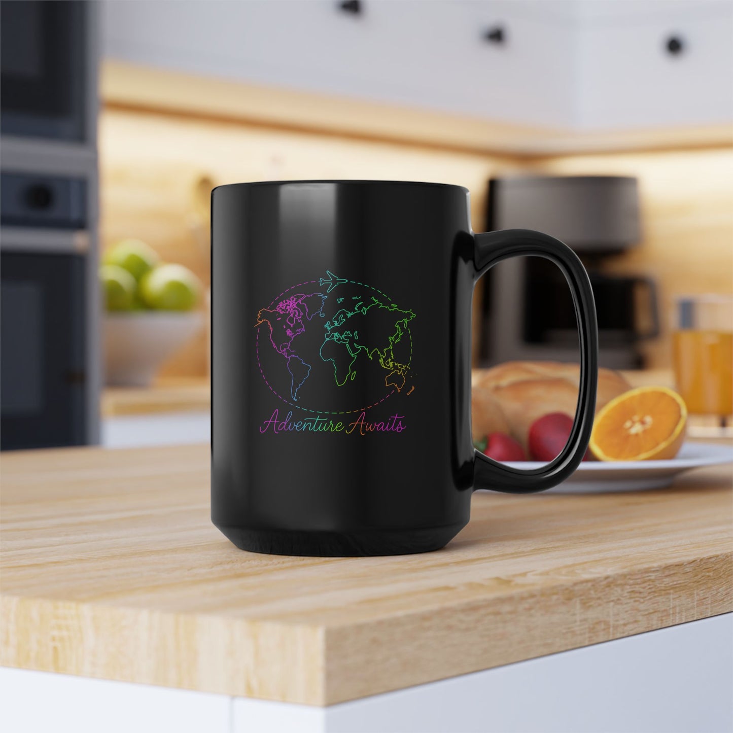 Adventure Awaits Neon Line Mug - Y2K Travel Coffee Cup - Rainbow World Map, Plane Design Ceramic Gift for Wanderlusters