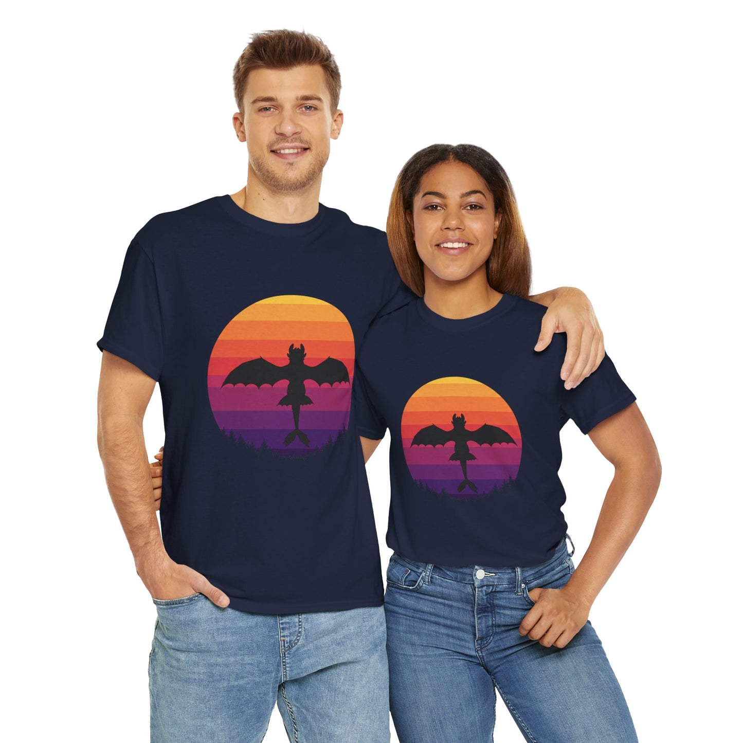 Night Dragon Sunset T-Shirt | Retro Dragon Silhouette Tee | Fantasy Dragon Shirt | Unisex Graphic Tee | Gift for Dragon Lovers