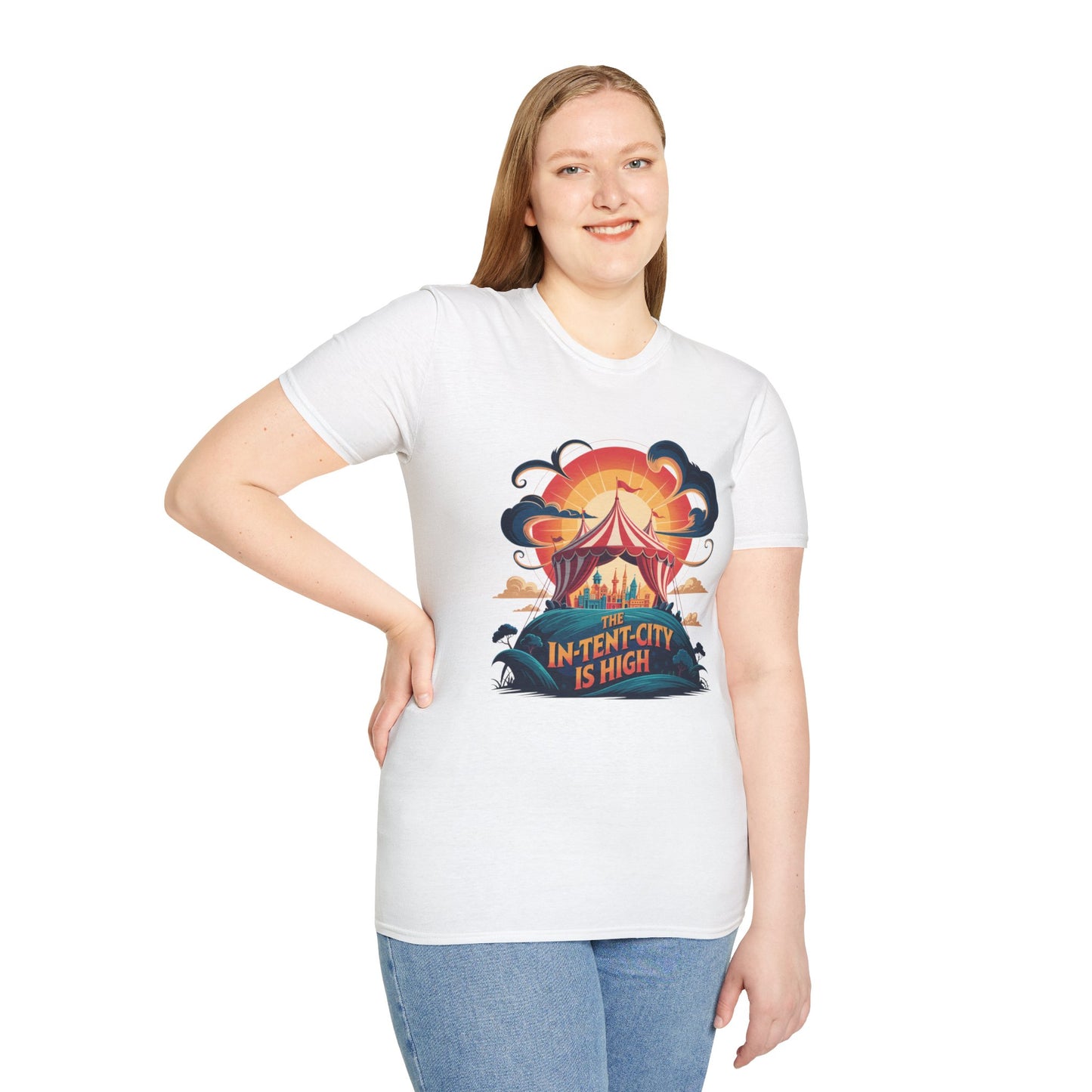 In-Tent-City Is High Retro Camp T-Shirt | Vintage Circus Tent + Cityscape Graphic | Funny Outdoors Urban Adventure Tee | Unisex Camper Shirt