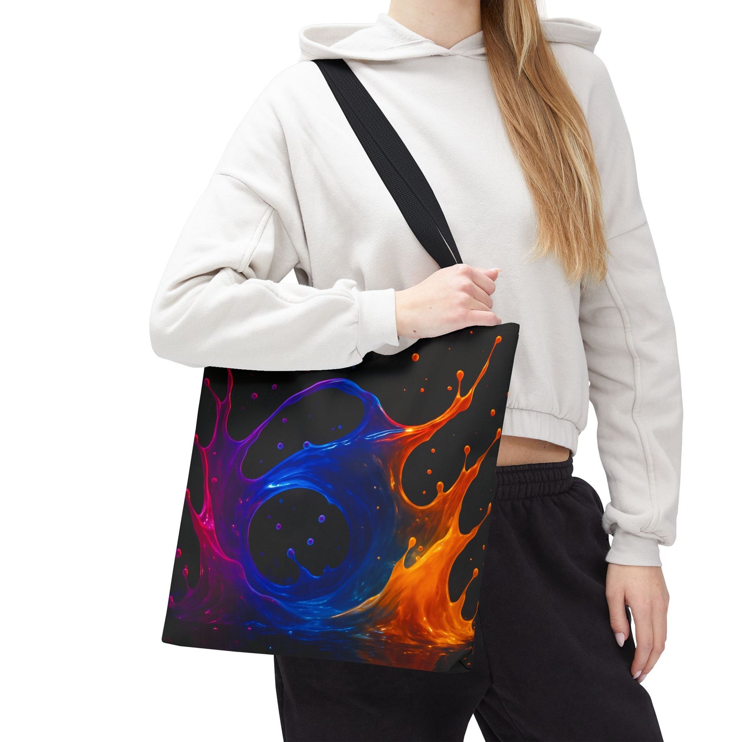 Elemental Fusion Tote Bag, Fire And Water Abstract Art Design, Vibrant Blue And Orange Splash Reusable Tote For Artists, Travel, And Everyday Use