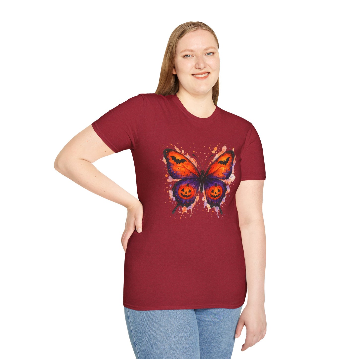 Halloween Watercolor Butterfly T-Shirt - Pumpkin Butterfly Tee, Spooky Butterfly Shirt, Bat and Jack-O'Lantern Wings, Fall Aesthetic Tee