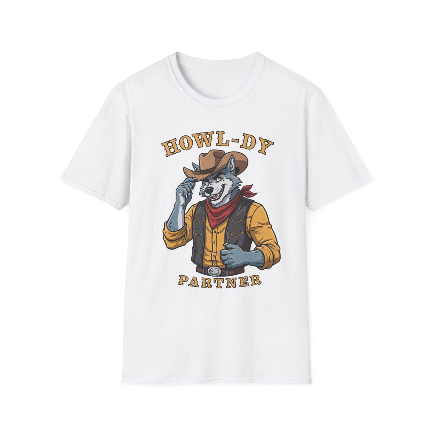 Howl-dy Partner Wolf Cowboy T-Shirt | Western Howling Wolf Graphic Tee, Funny Animal Shirt, Cowboy Gifts, Rustic Country Tee