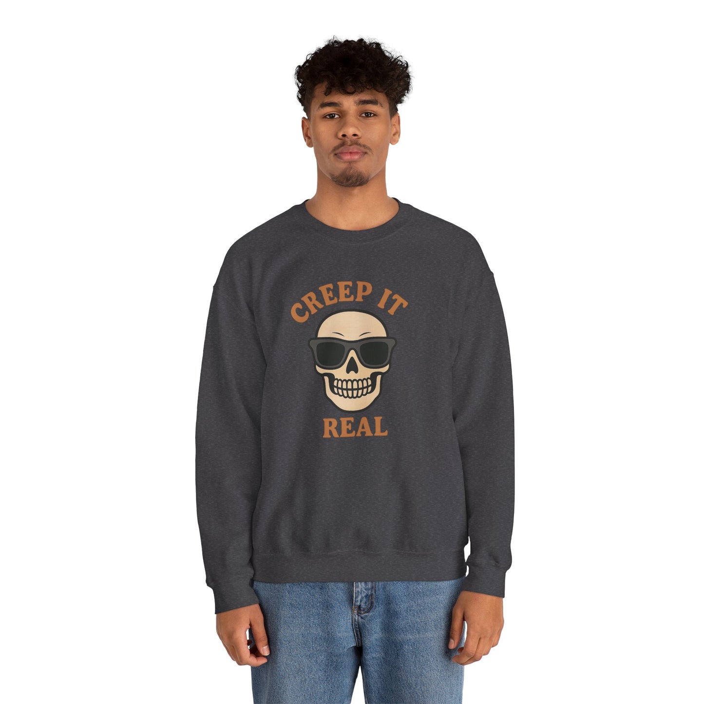 Creep It Real Skull Sweatshirt, Funny Halloween Skull Crewneck, Spooky Skeleton Pullover, Dark Graphic Sweatshirt, Unisex Halloween Gift