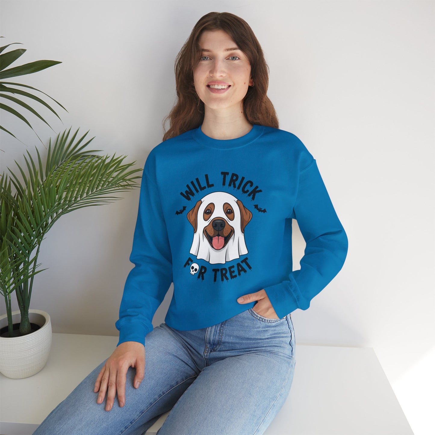Will Trick for Treat Sweatshirt, Ghost Dog Halloween Crewneck, Funny Pet Costume Graphic Pullover, Trick-or-Treat Dog Lover Gift Sweater