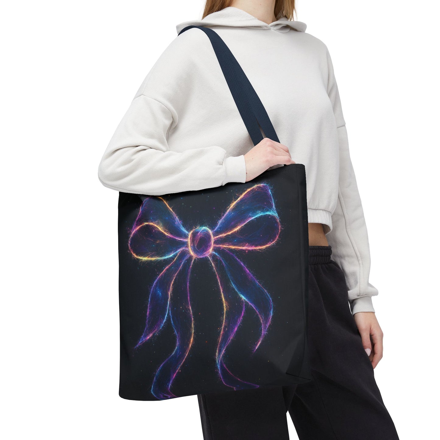 Galaxy Glow Bow Tote Bag, Cosmic Neon Ribbon Design, Black Space Art Bag, Celestial Gift For Her, Stylish Reusable Everyday Tote