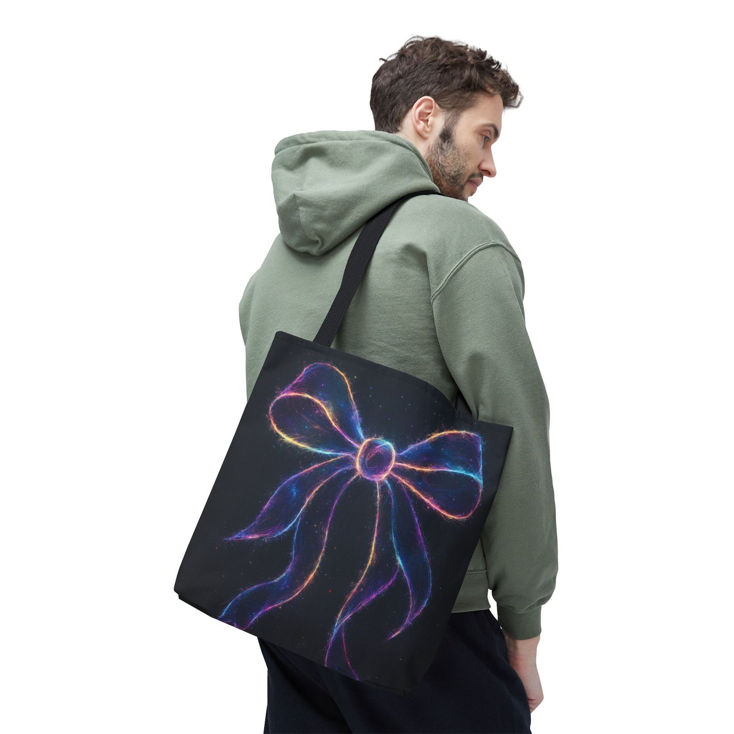 Galaxy Glow Bow Tote Bag, Cosmic Neon Ribbon Design, Black Space Art Bag, Celestial Gift For Her, Stylish Reusable Everyday Tote