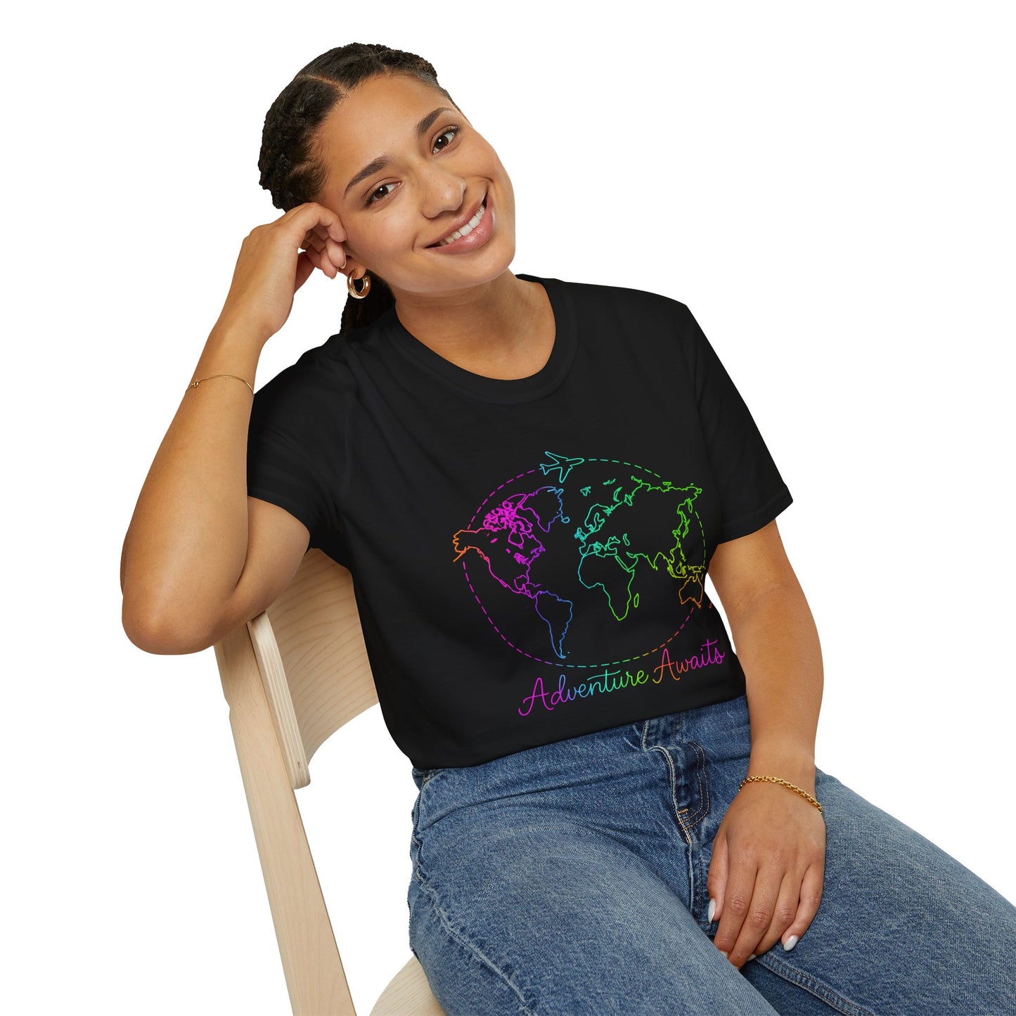 Adventure Awaits Neon Y2K Shirt - Retro Travel Tee, Rainbow Globe Graphic, Aesthetic Vacation Top, Y2K Gift for Travelers