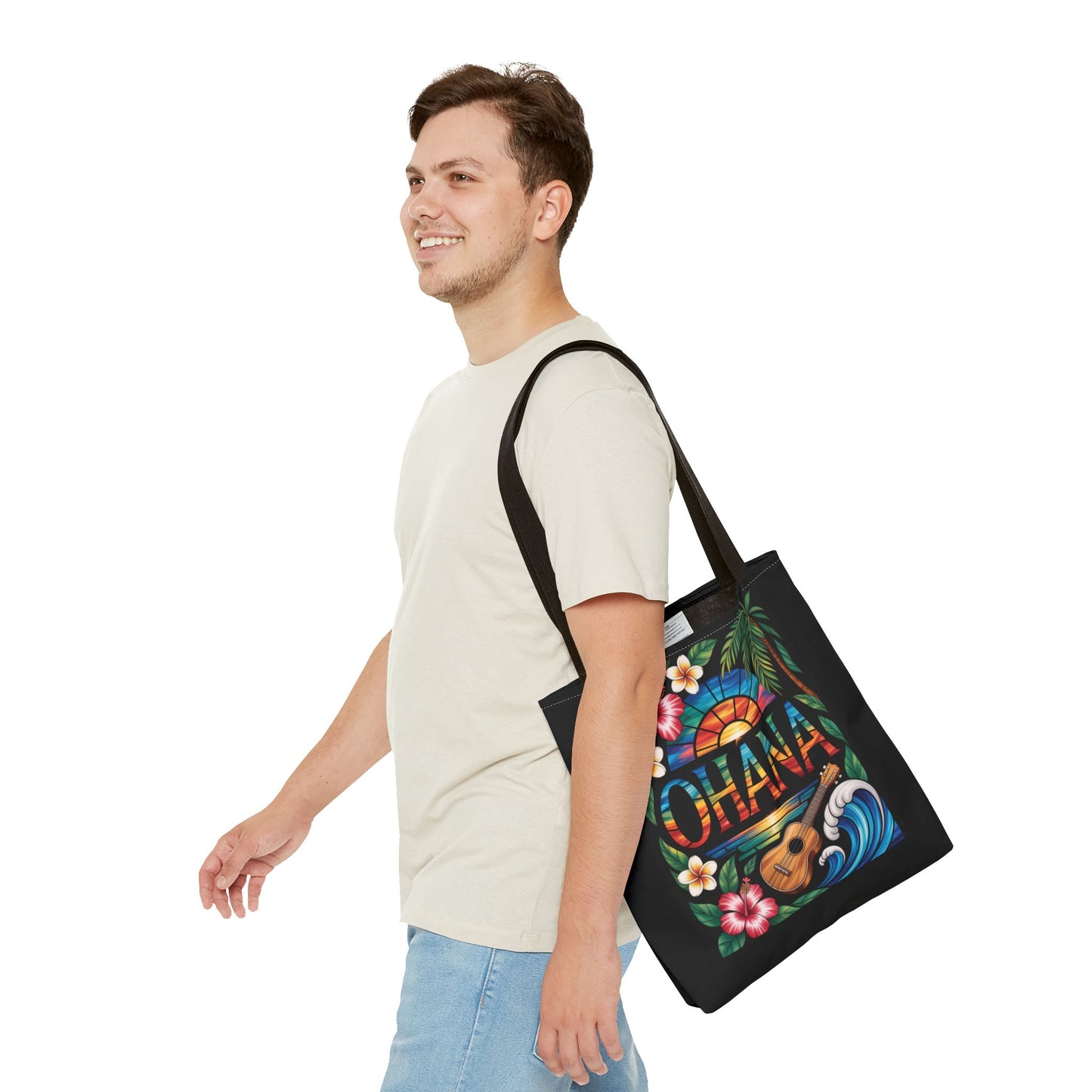 Ohana Tote Bag – Hawaiian Tropical Beach Bag with Ukulele, Sunset & Hibiscus Flowers, Island Gift for Women, Aloha Family Vibes